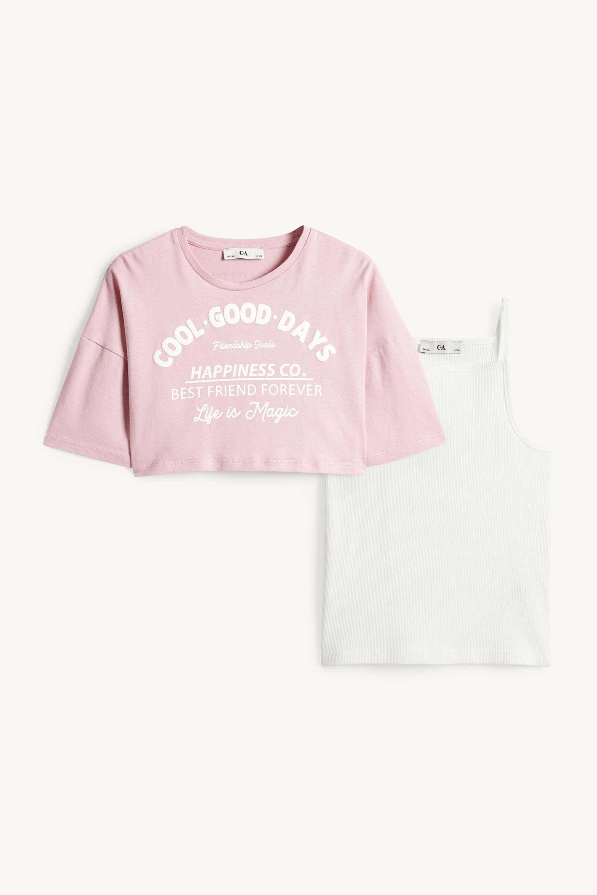 Set - short sleeve T-shirt and top - 2 piece white / rose
