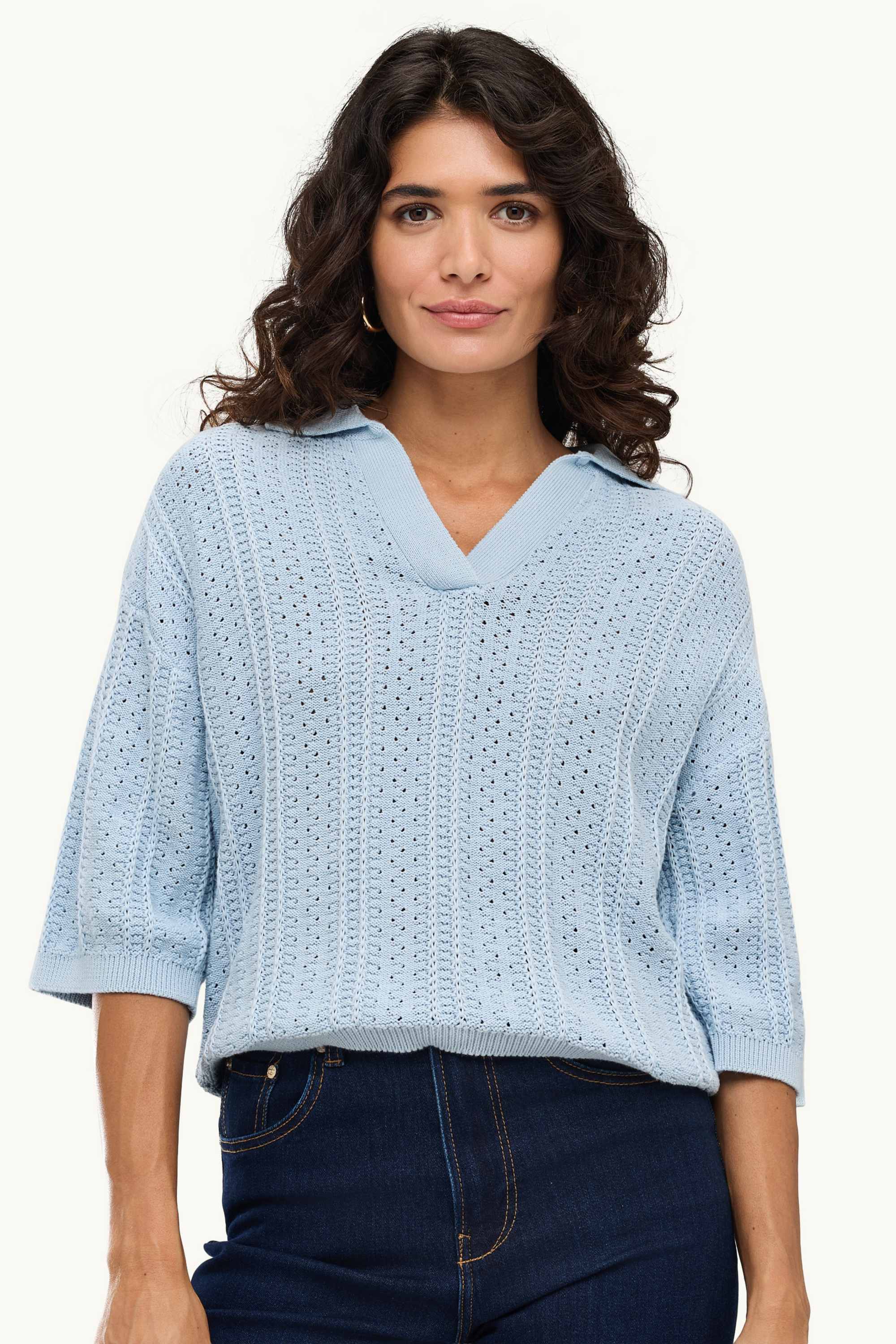Knitted jumper - short sleeve - textured light blue