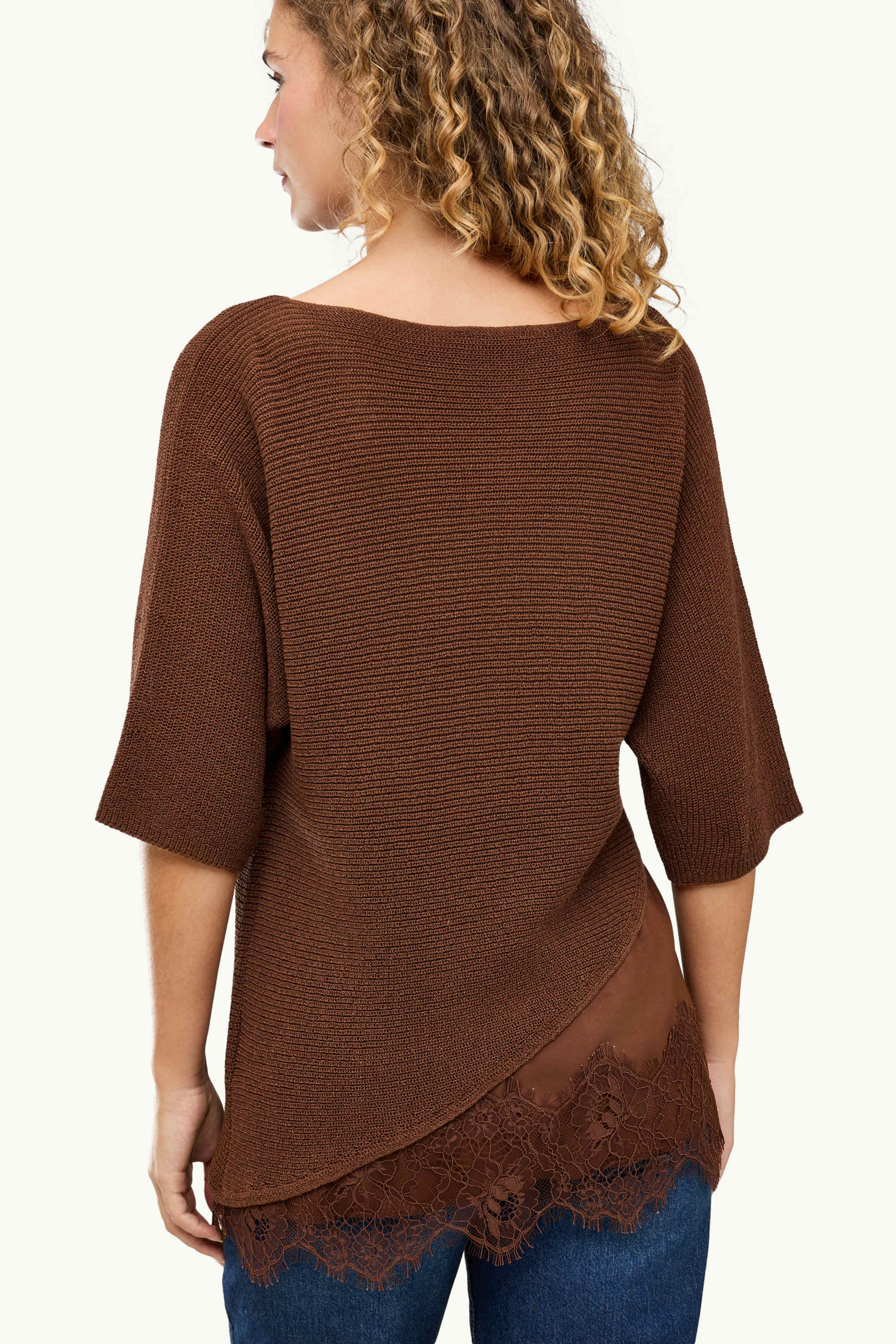Knitted jumper - short sleeve - ribbed brown