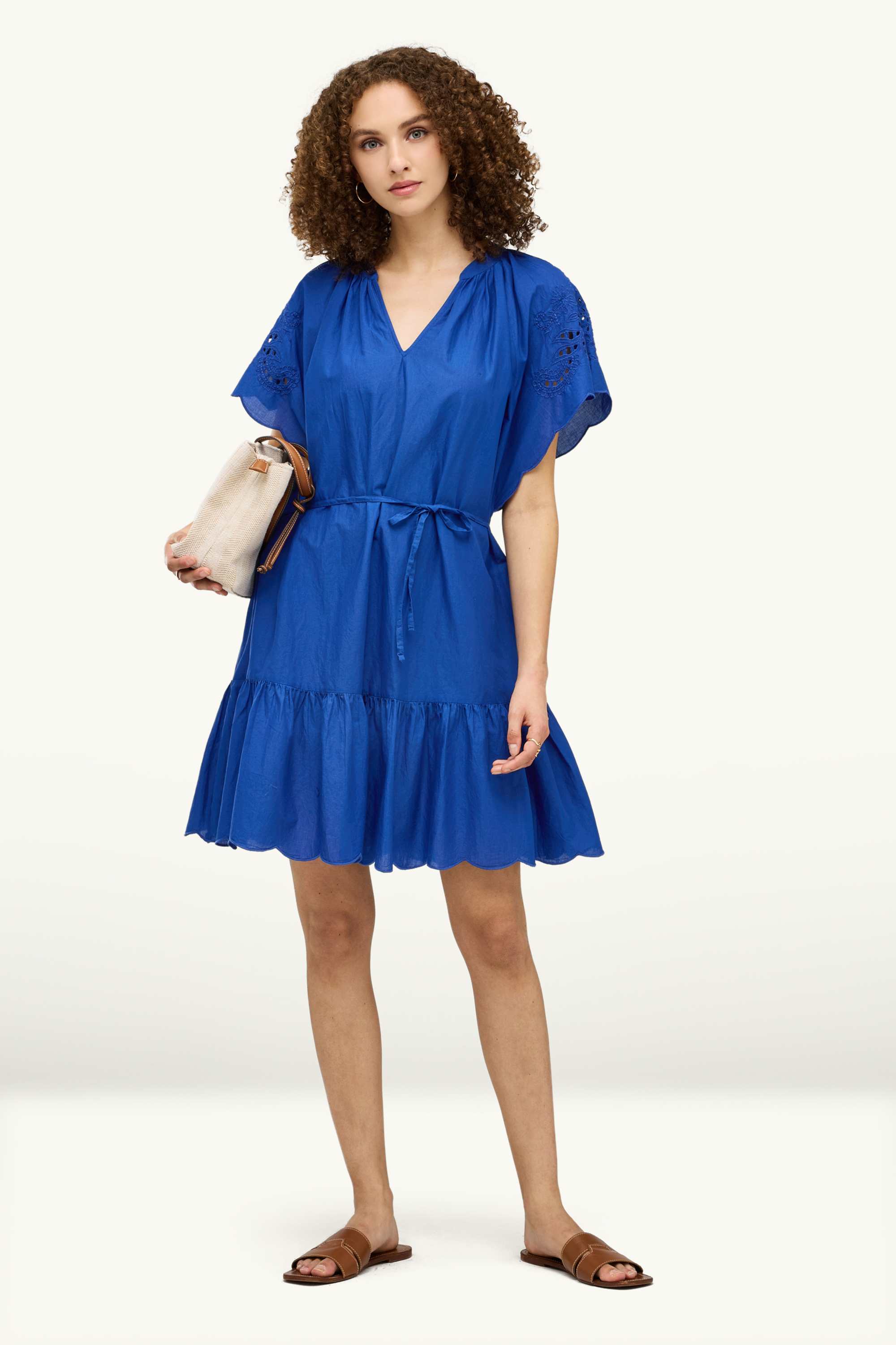 A-line dress with V-neck - broderie anglaise blue