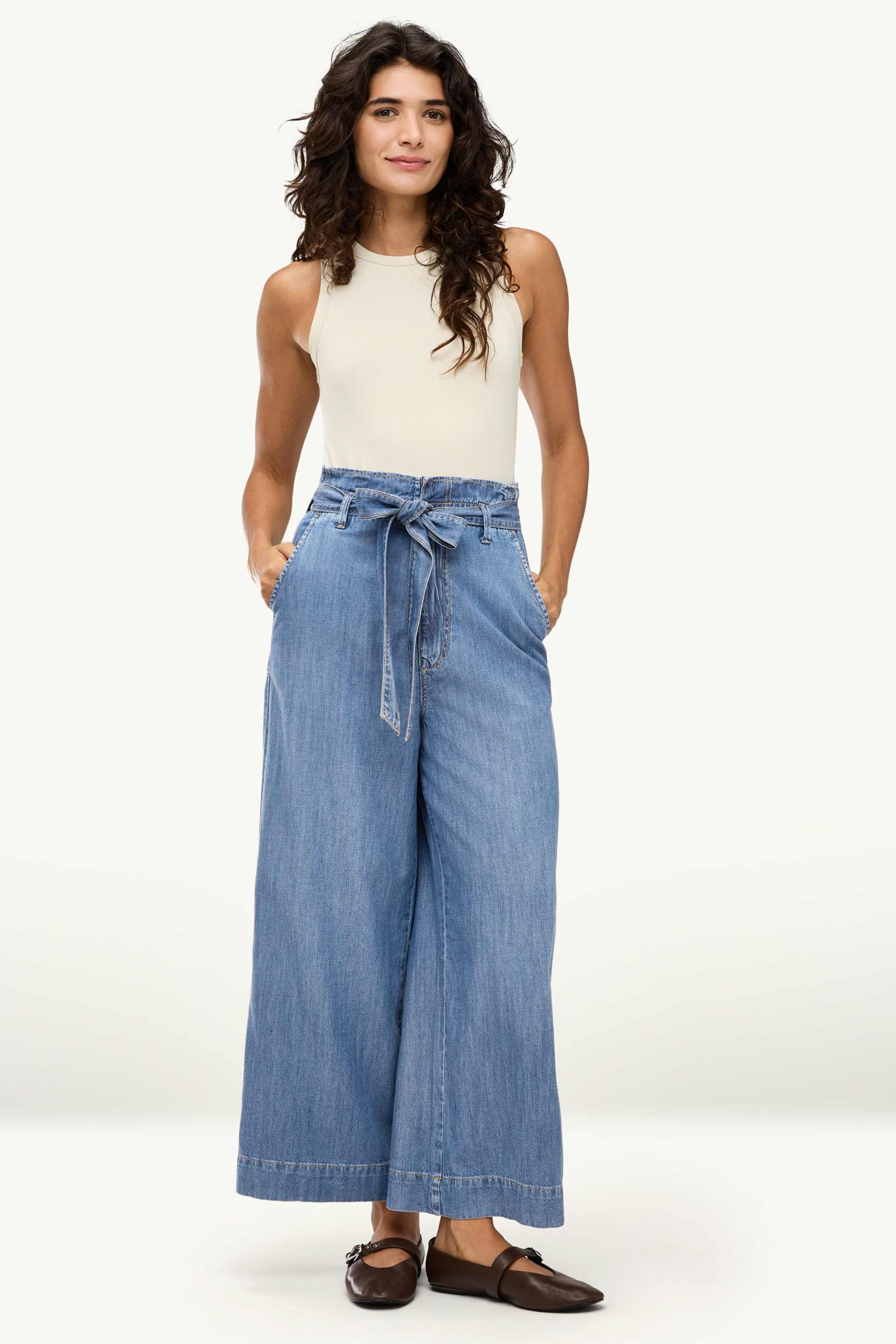 Cropped paper bag jeans - high waist - wide leg blue denim
