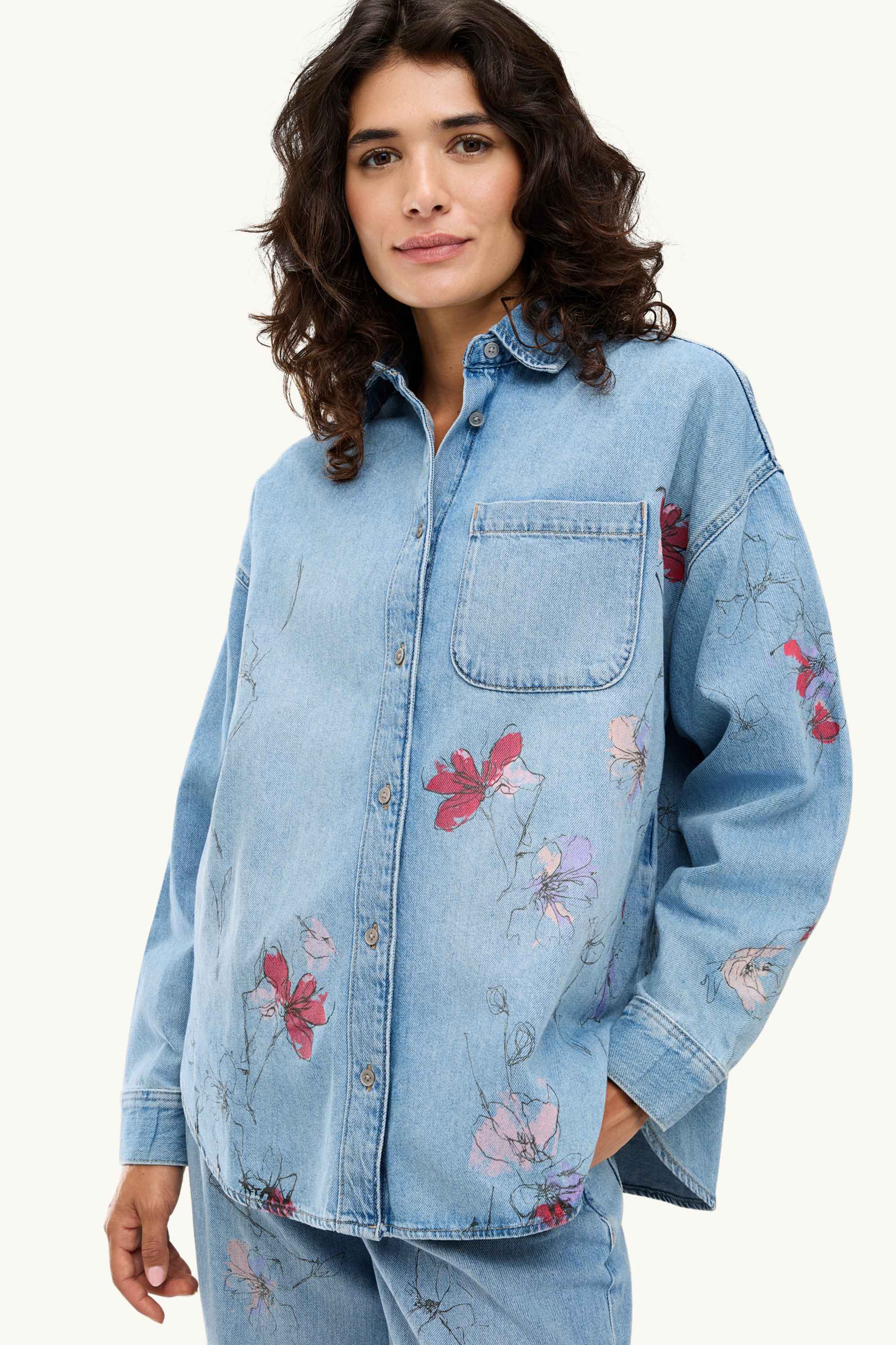 Denim shirt blouse - floral denim-light blue