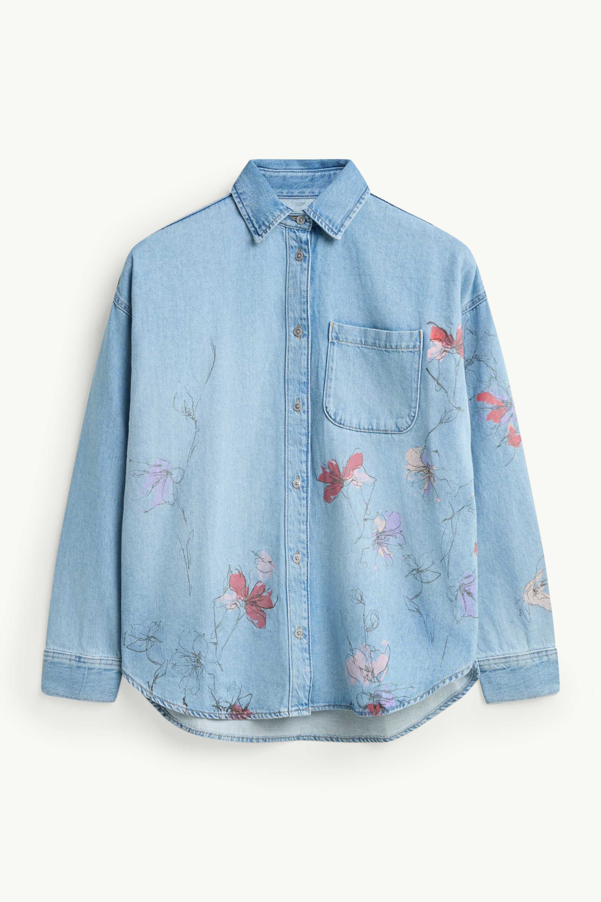 Denim shirt blouse - floral denim-light blue