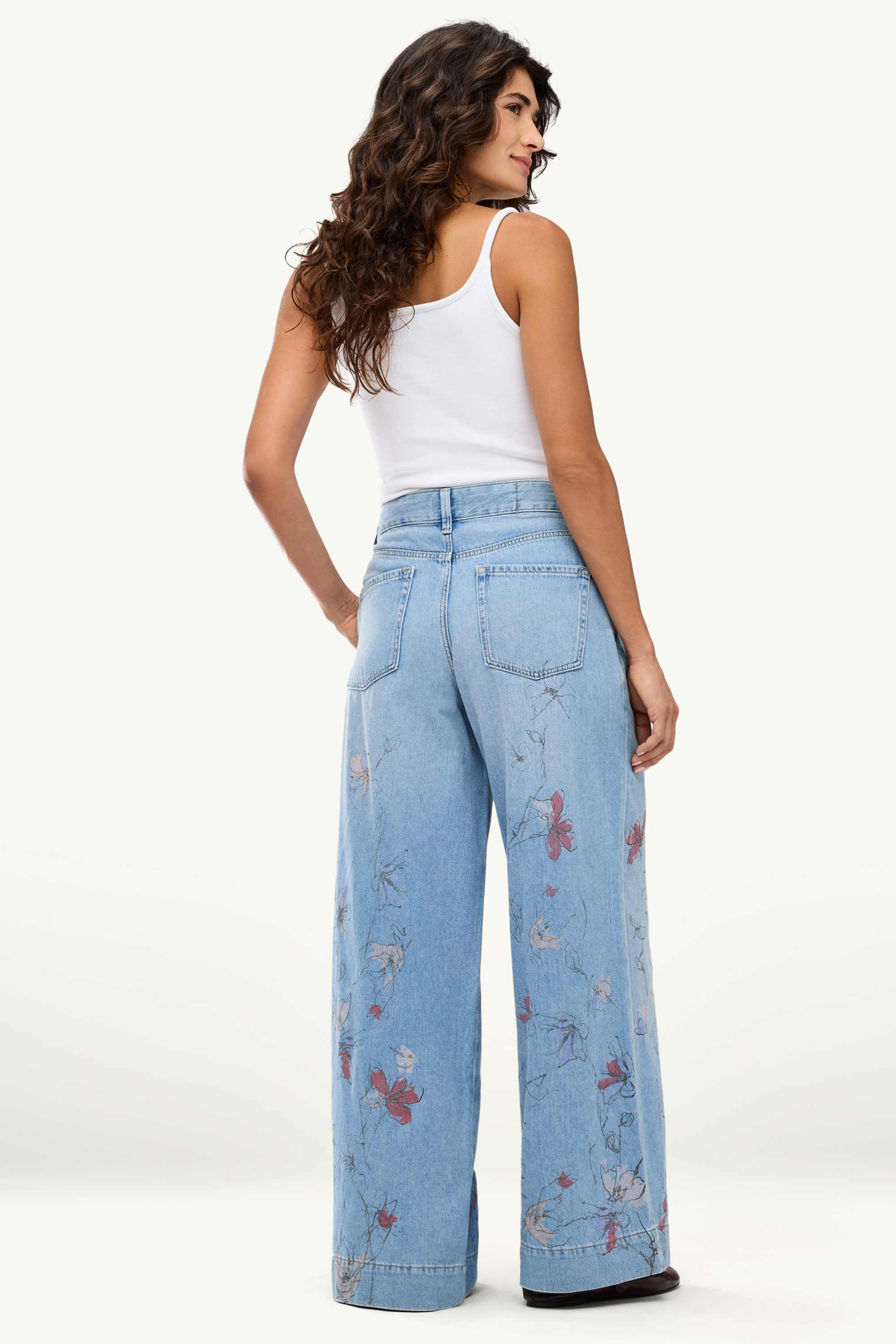Wide leg jeans - mid-rise waist - floral blue denim
