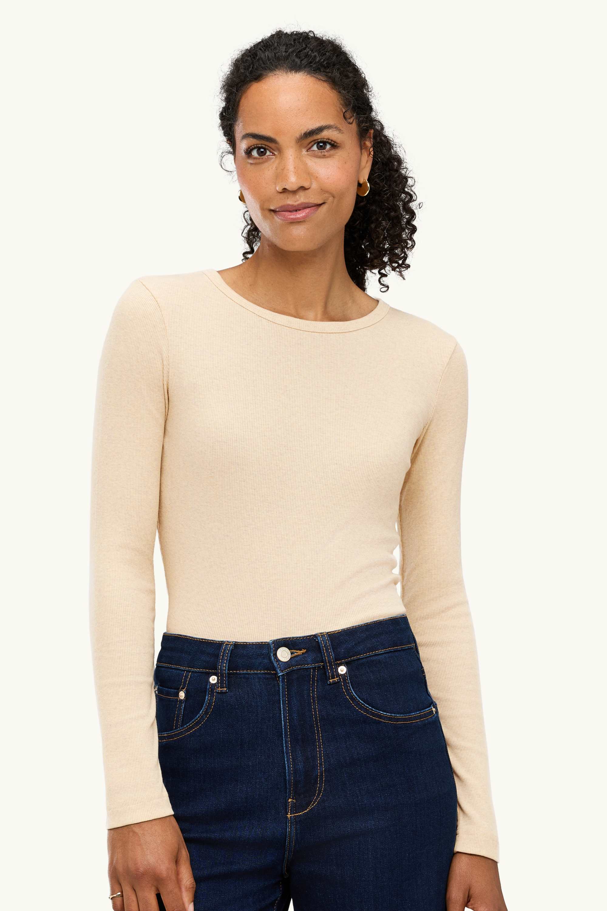Long sleeve top - slim fit - ribbed light beige