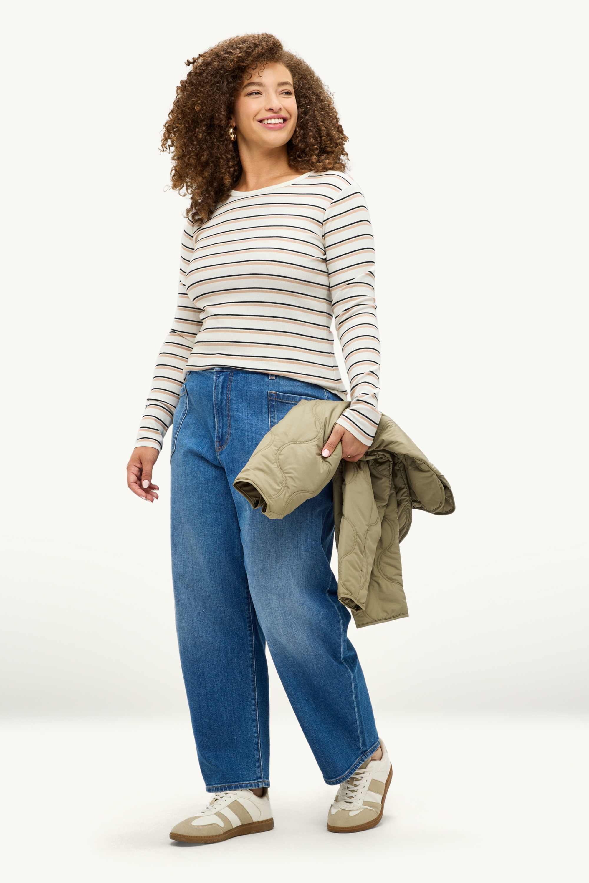 Long sleeve top - slim fit - ribbed - striped creme