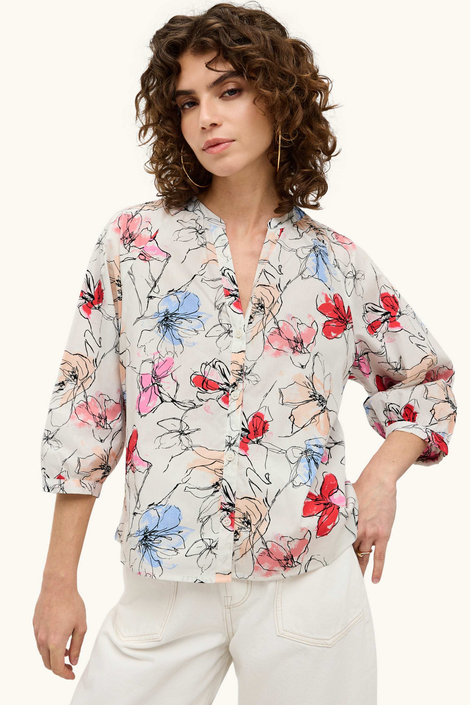 Blouse - floral white / red