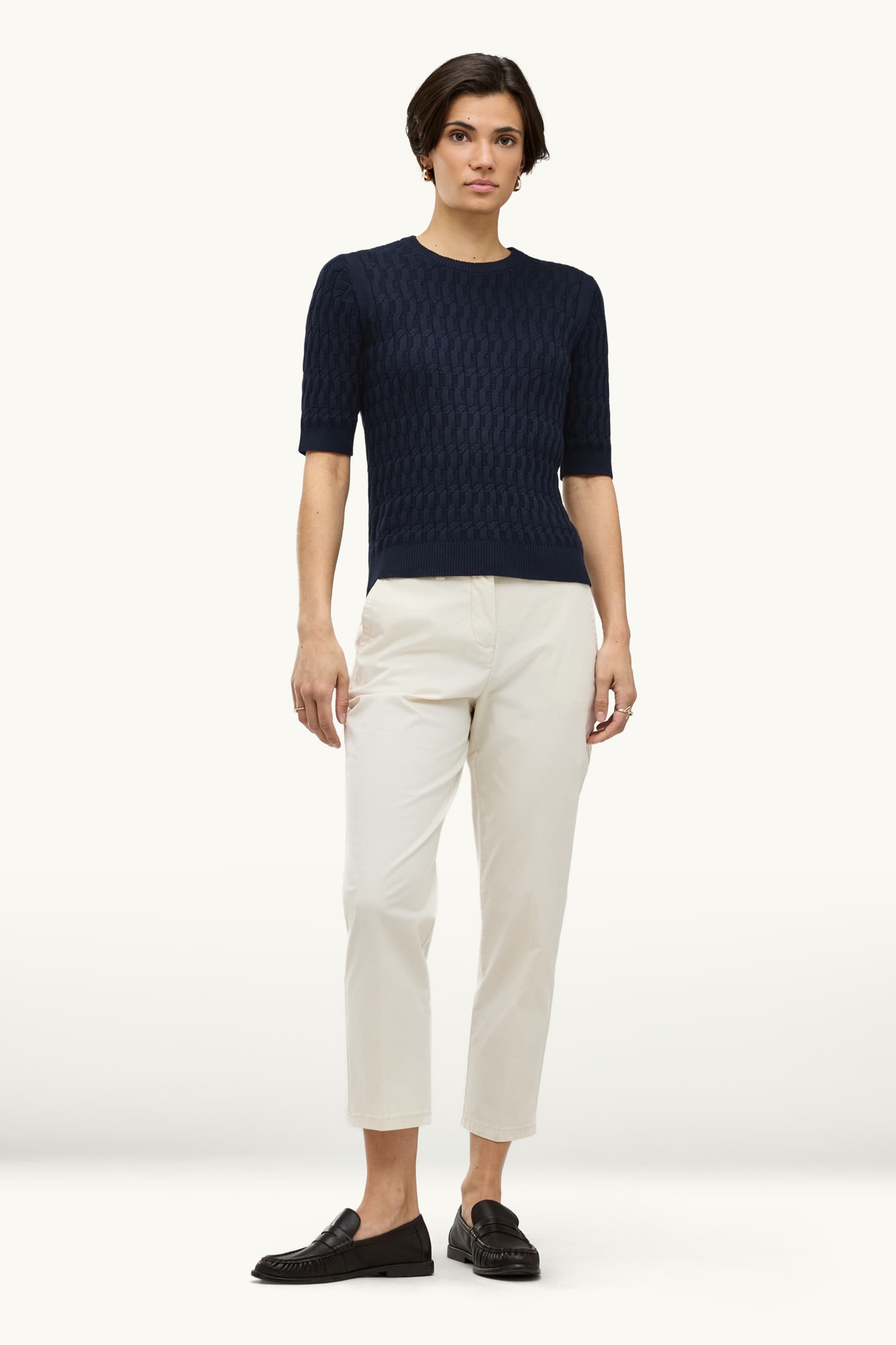 Knitted jumper - short sleeve - cable knit pattern dark blue