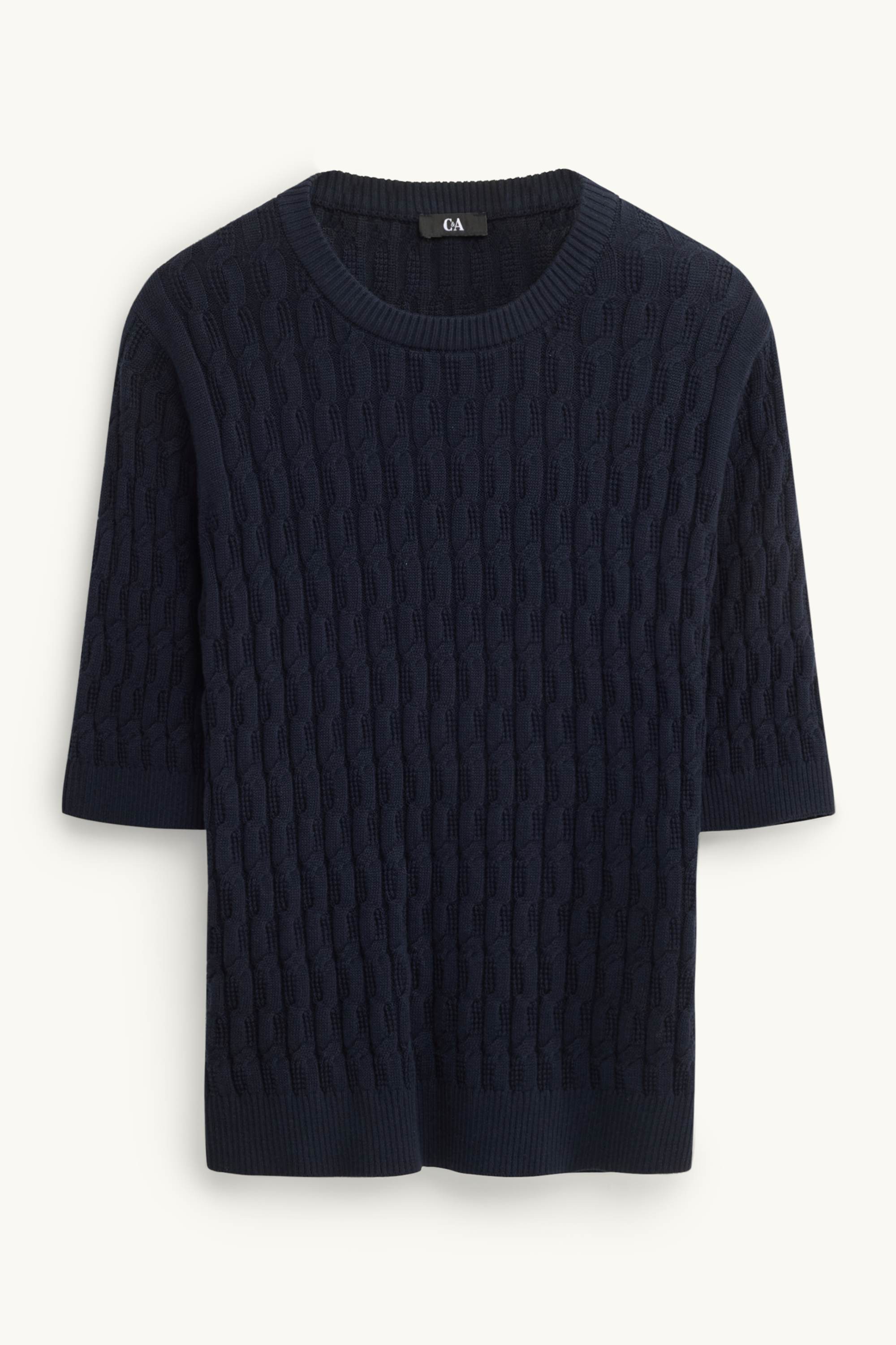 Knitted jumper - short sleeve - cable knit pattern dark blue