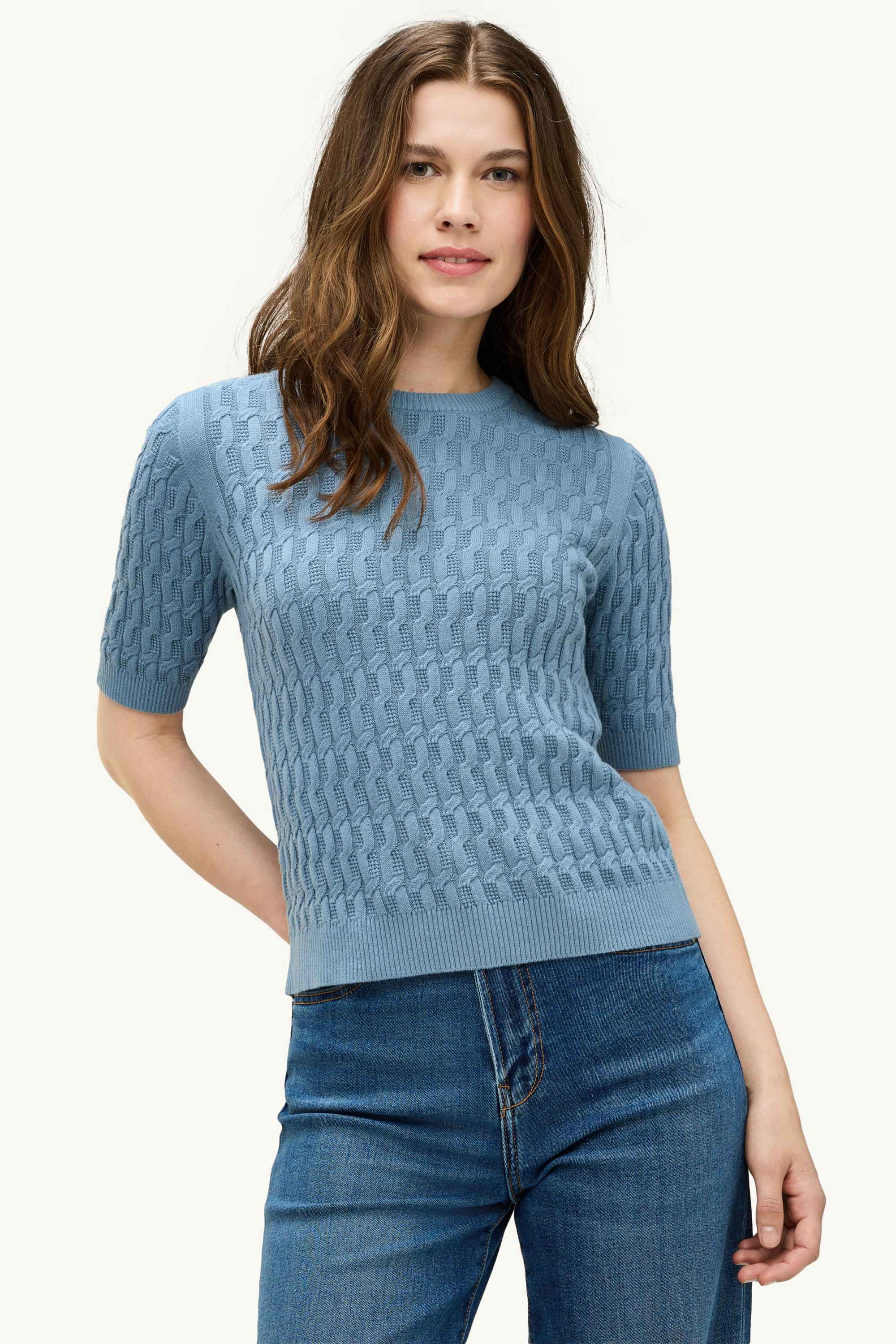 Knitted jumper - short sleeve - cable knit pattern blue