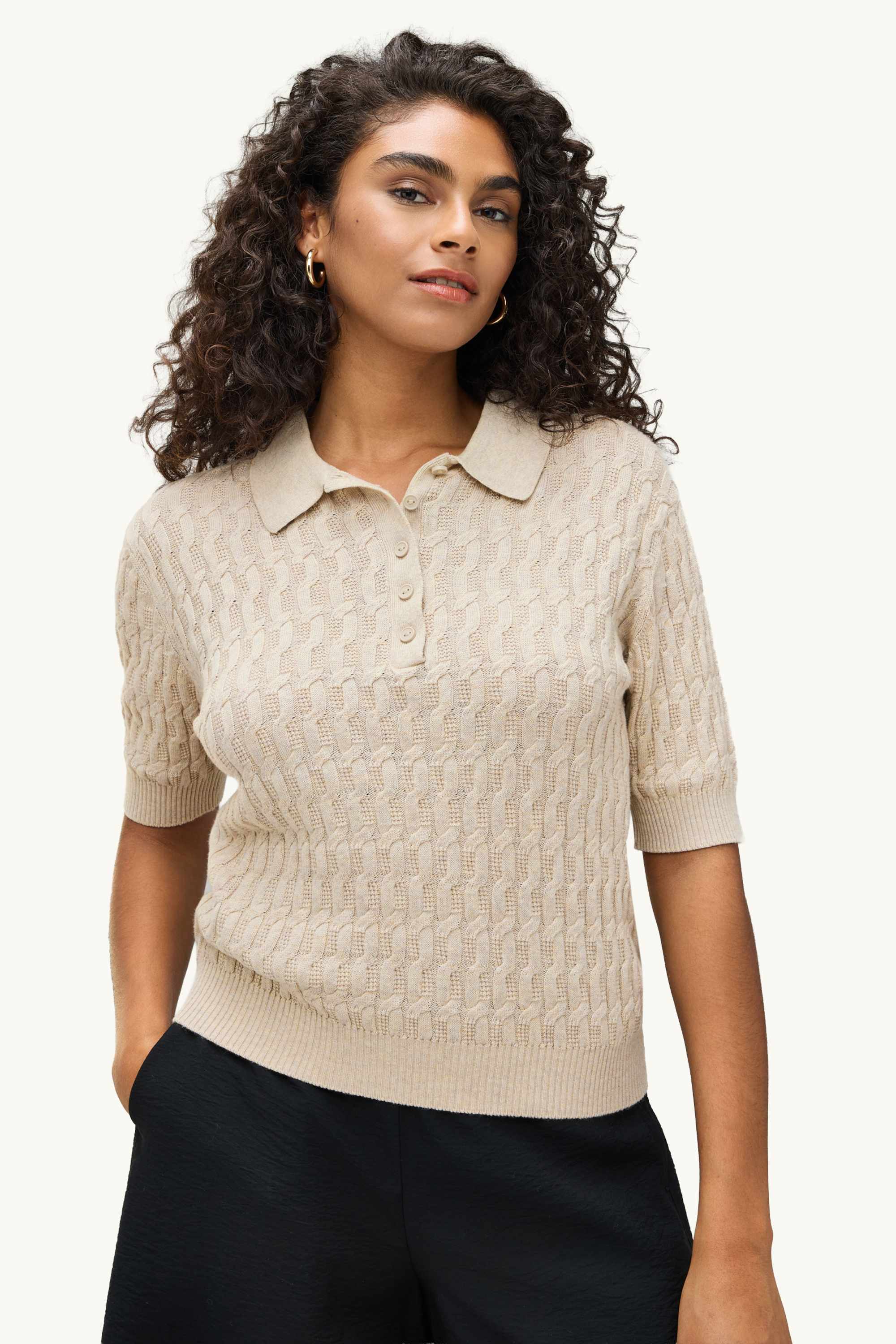 Knitted jumper - short sleeve - textured beige