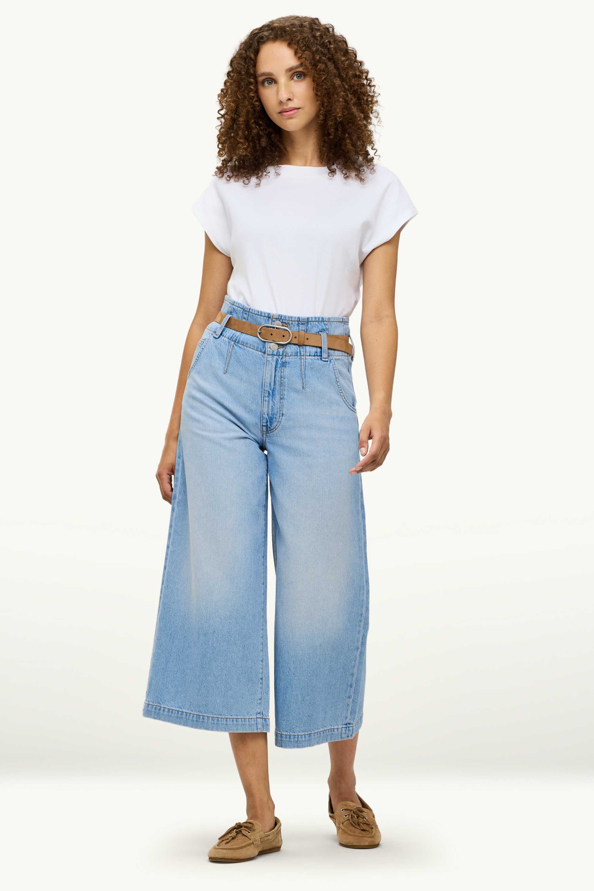 Culotte jeans with belt - high waist blue denim