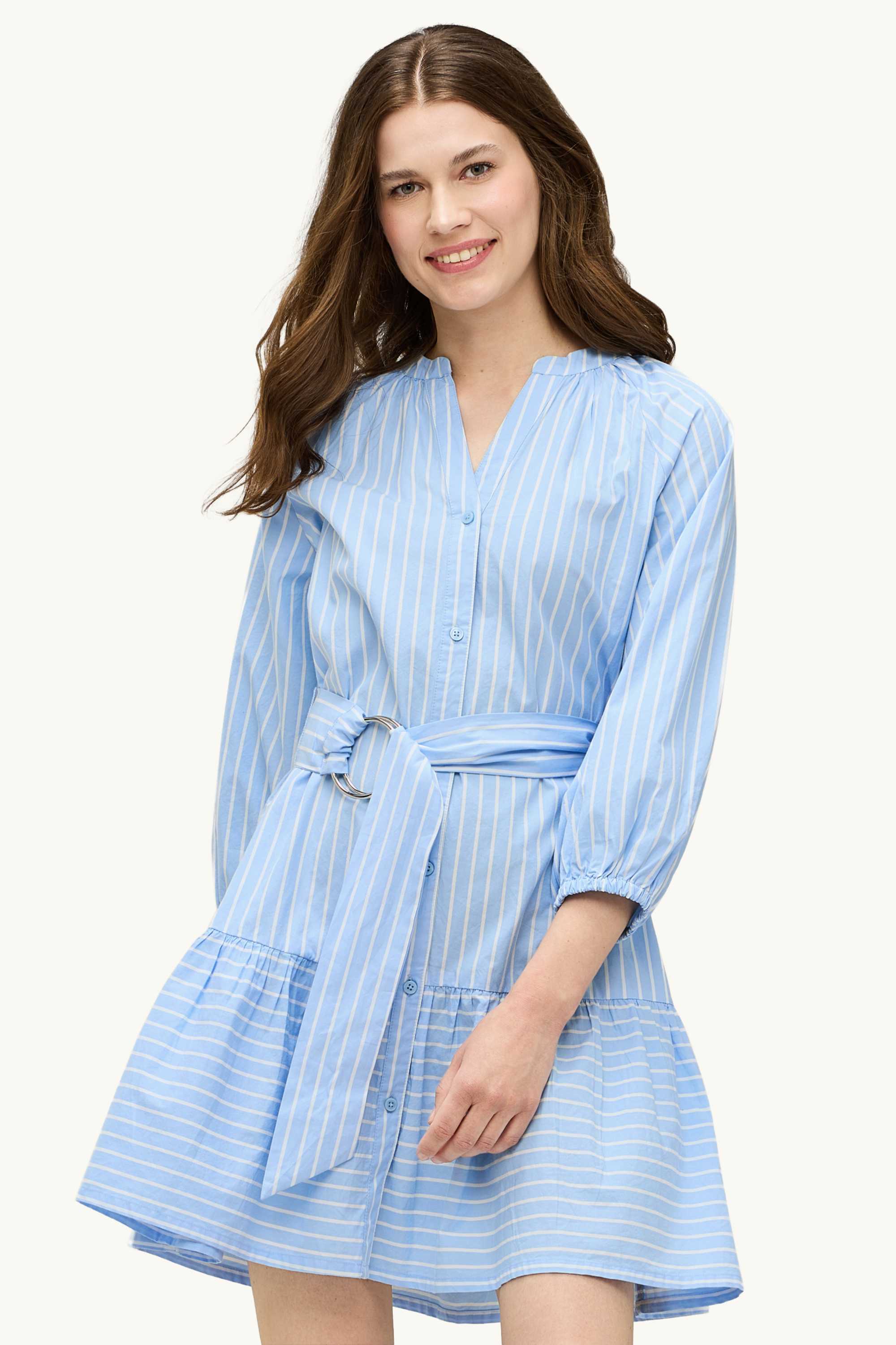 A-line dress with belt - striped blue / white