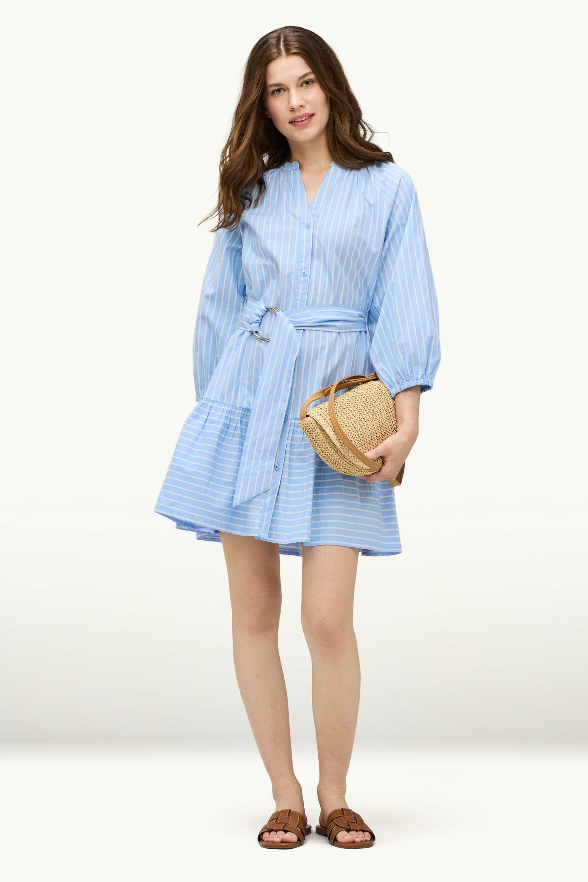 A-line dress with belt - striped blue / white