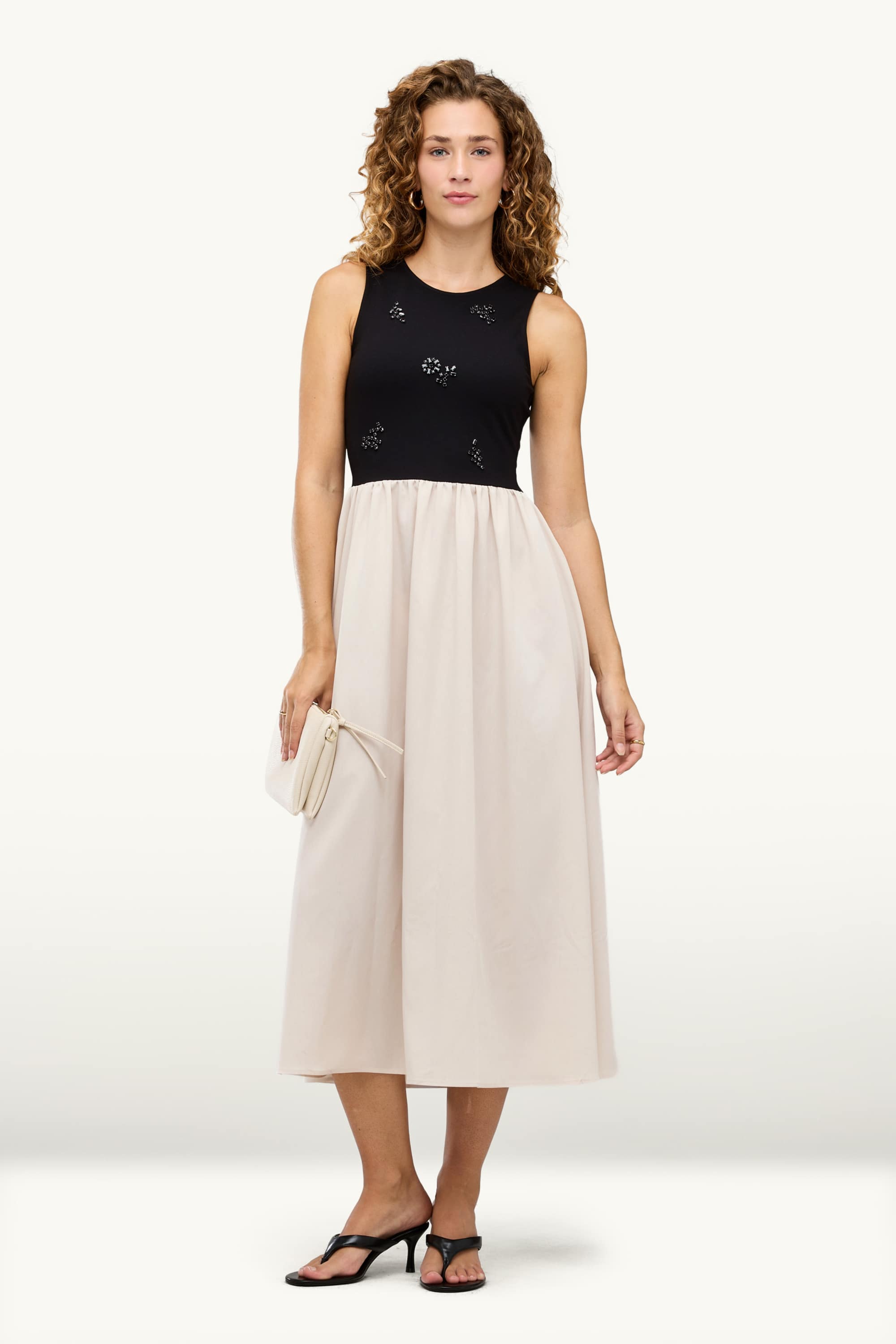 Fit & flare dress with rhinestones black / beige