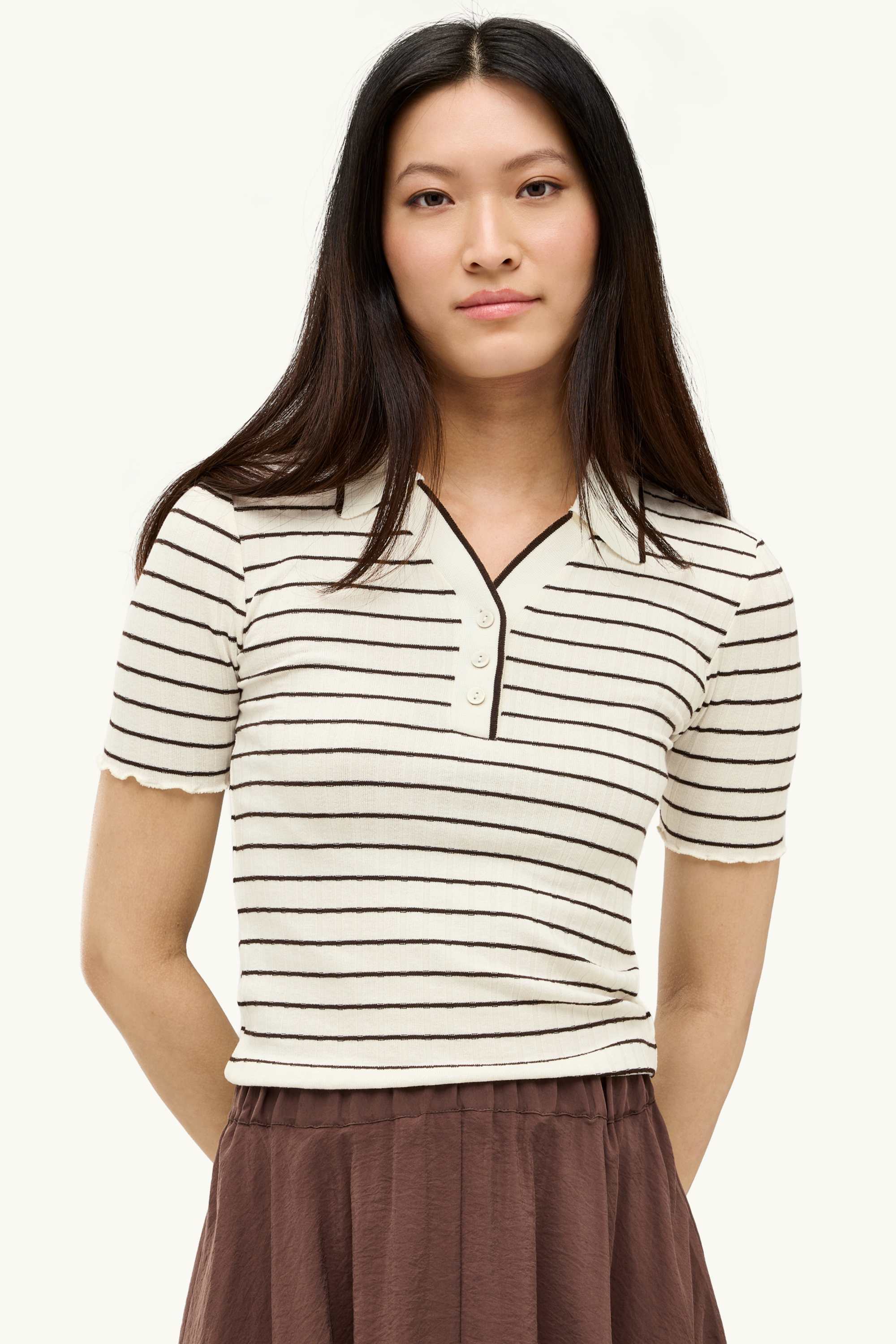 Polo shirt - regular fit - ribbed - striped brown / cremewhite