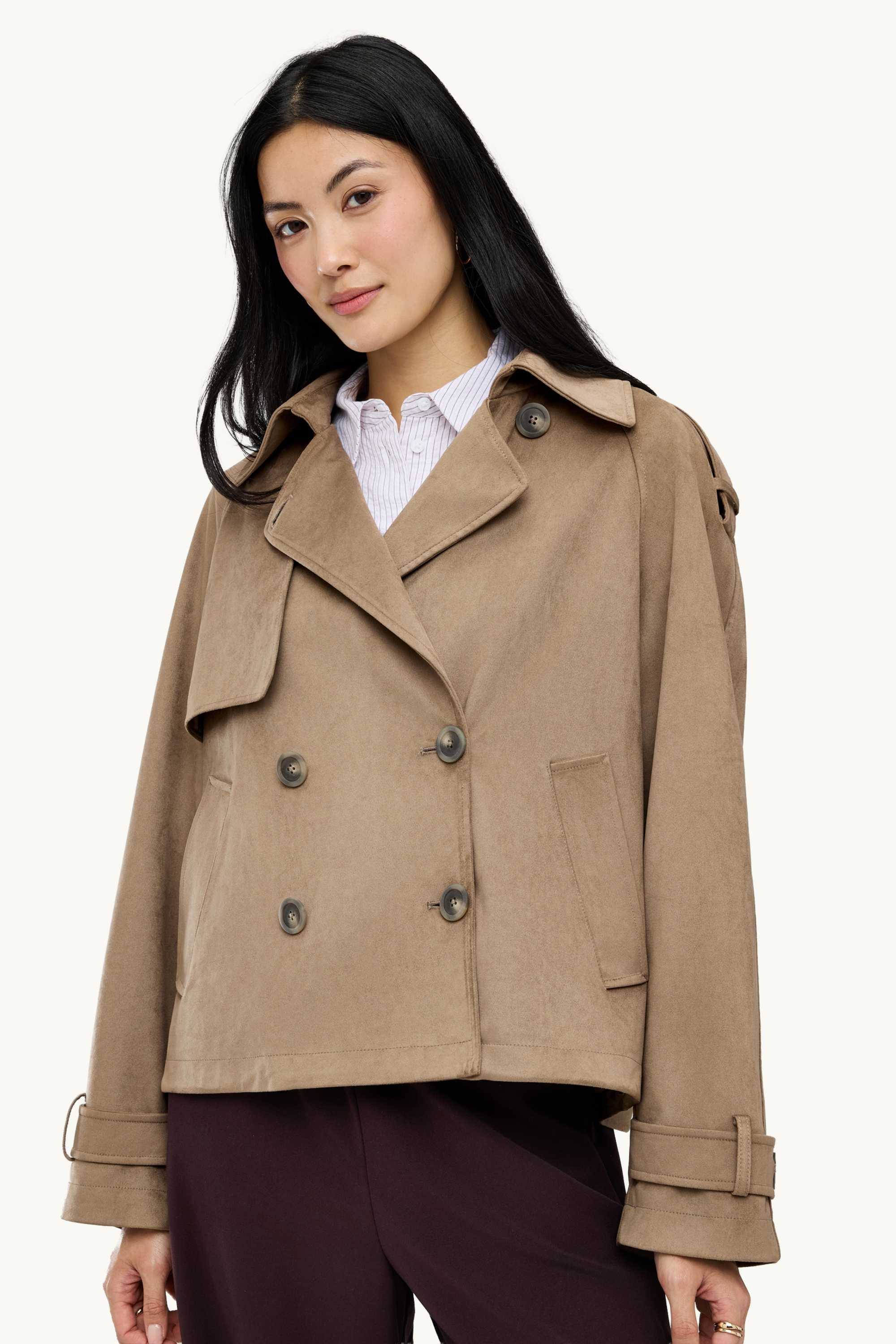 Cropped trench coat - faux suede light brown