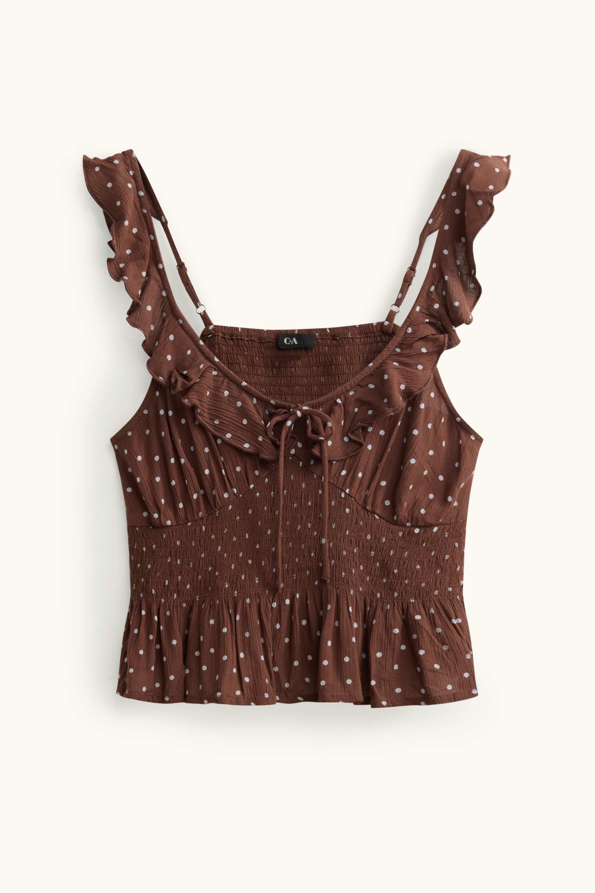 Blouse top - polka dot - textured - smocked brown