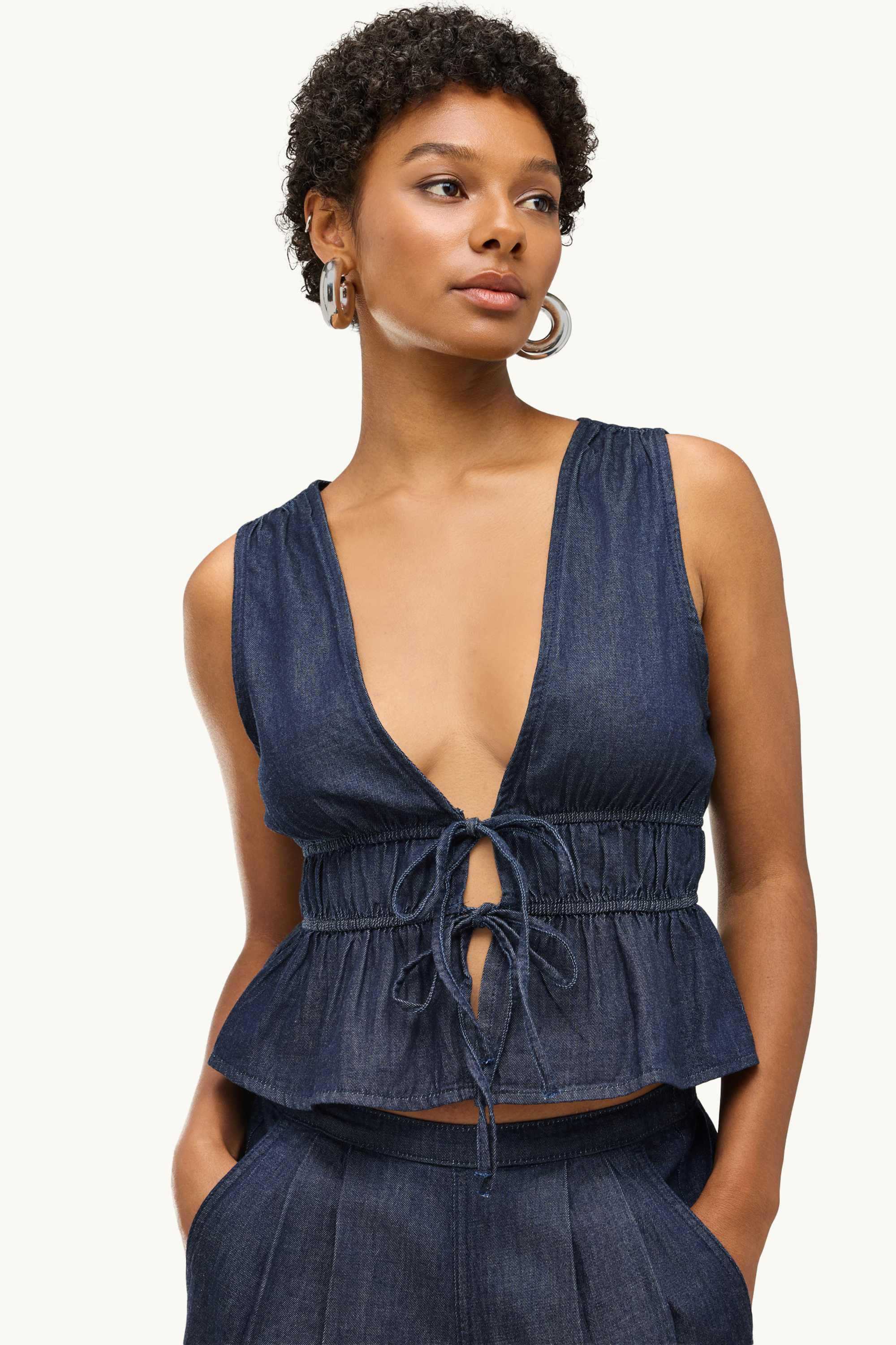 Blouse top - denim look - smocked dark blue
