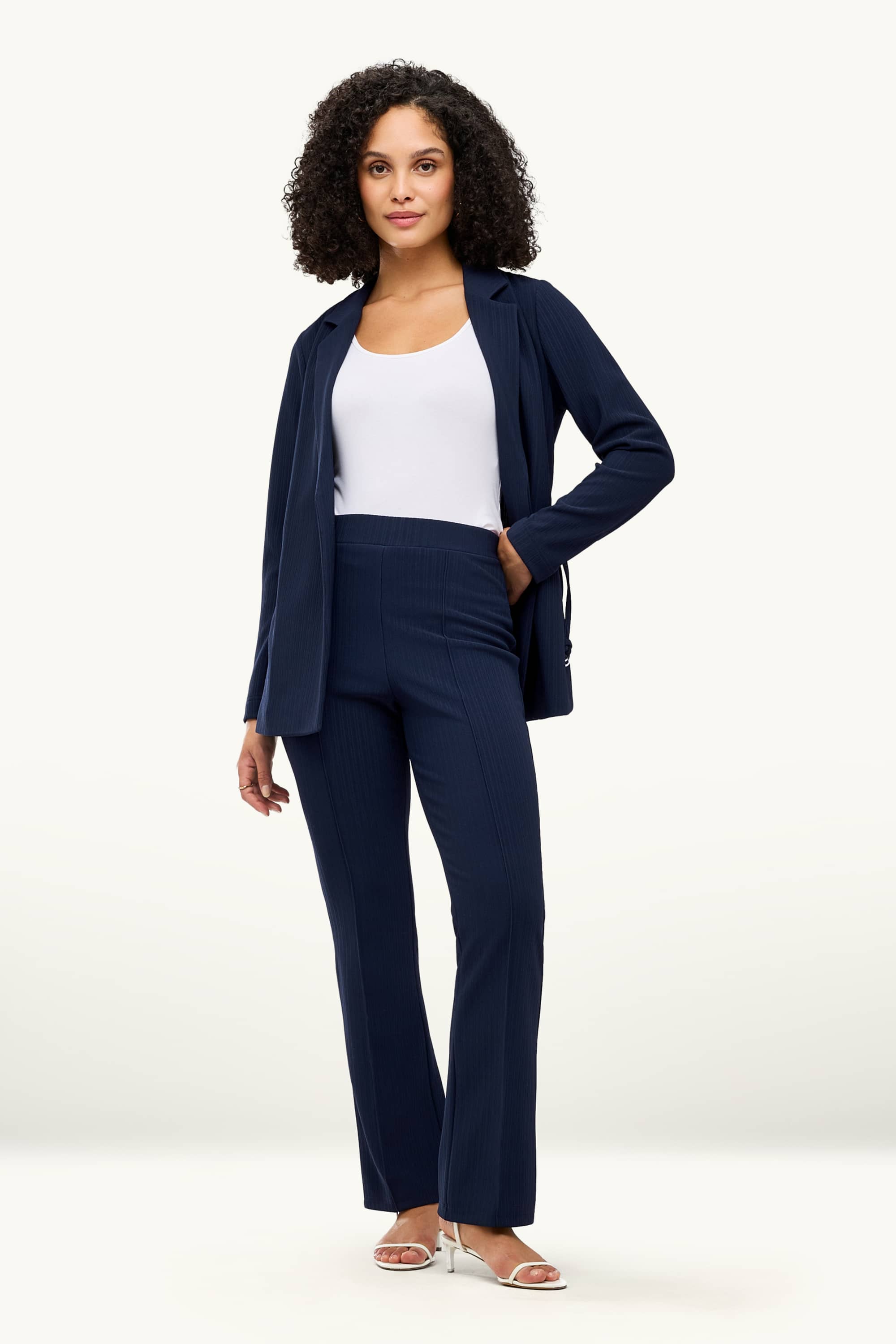 Cloth trousers - high waist - flared - ribbed dark blue