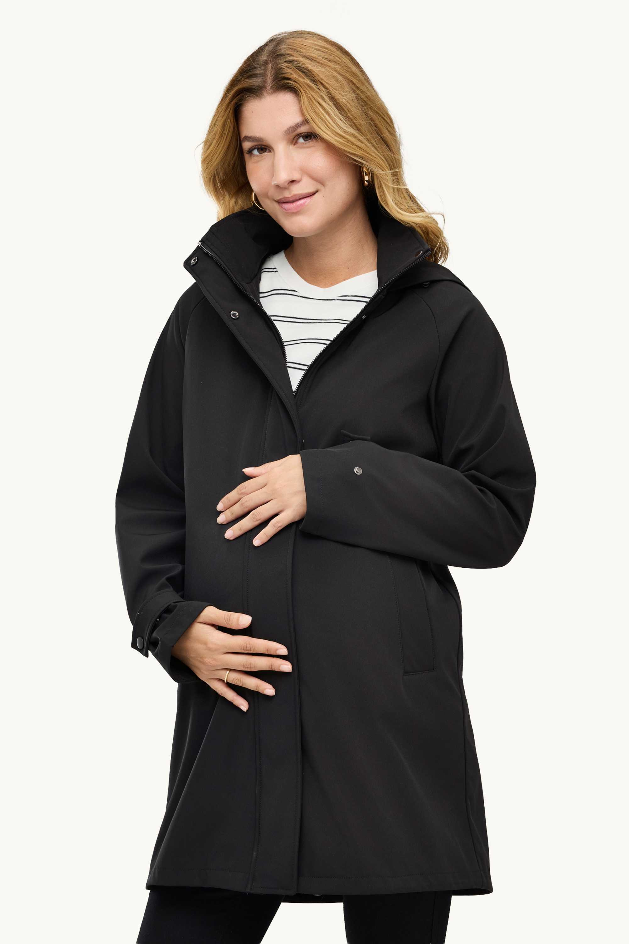 Maternity outdoor jacket with hood and baby pouch black