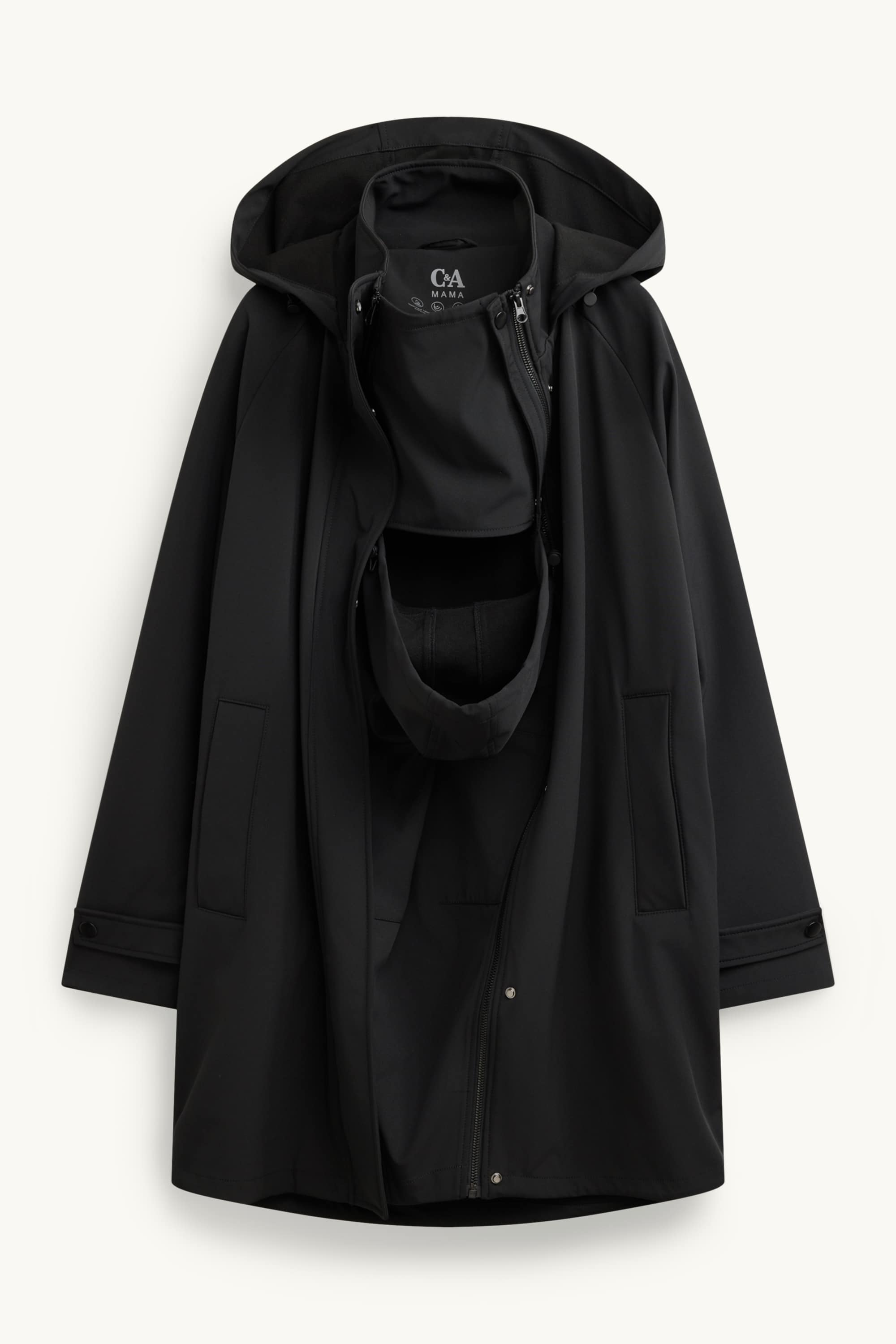 Maternity outdoor jacket with hood and baby pouch black