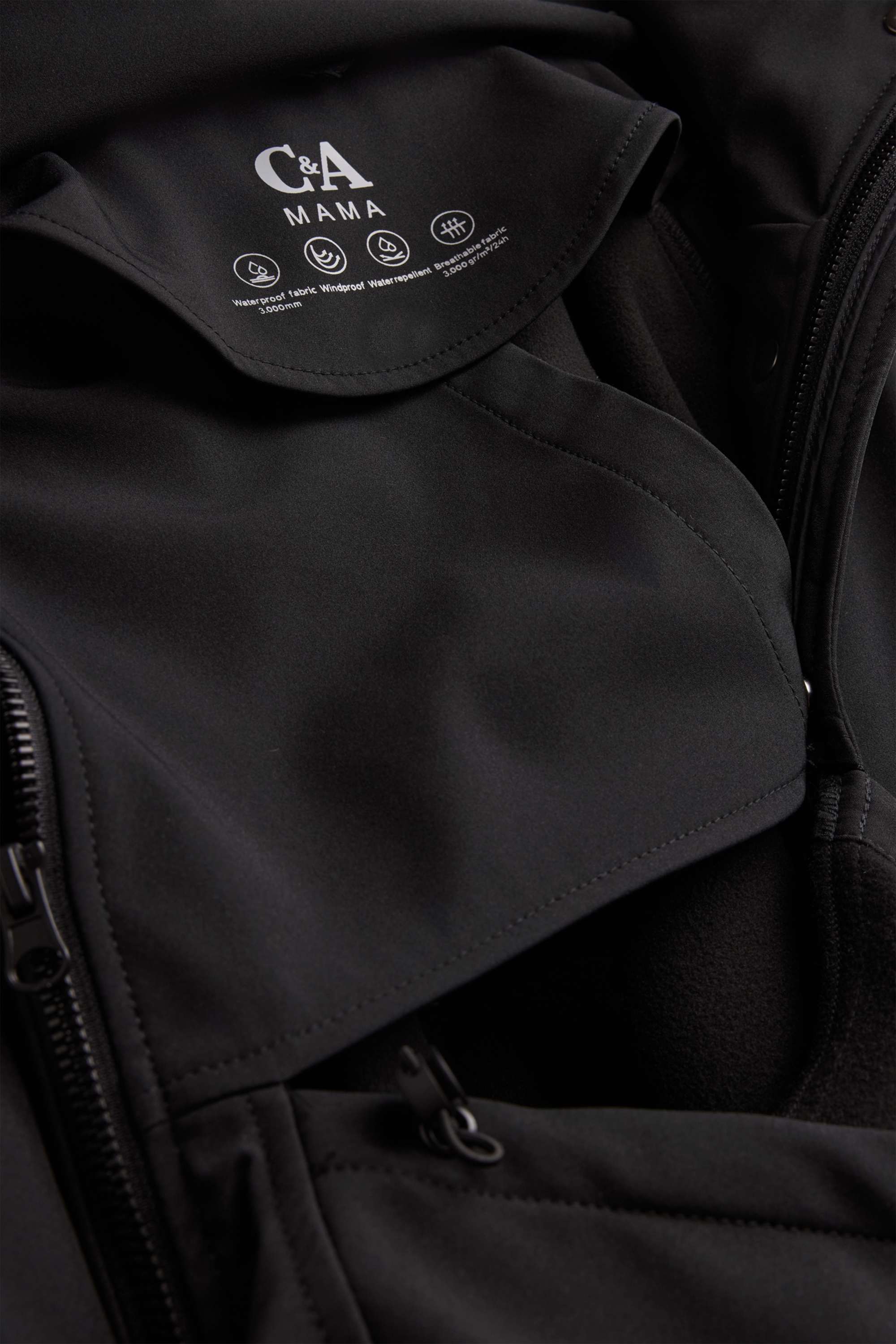 Maternity outdoor jacket with hood and baby pouch black
