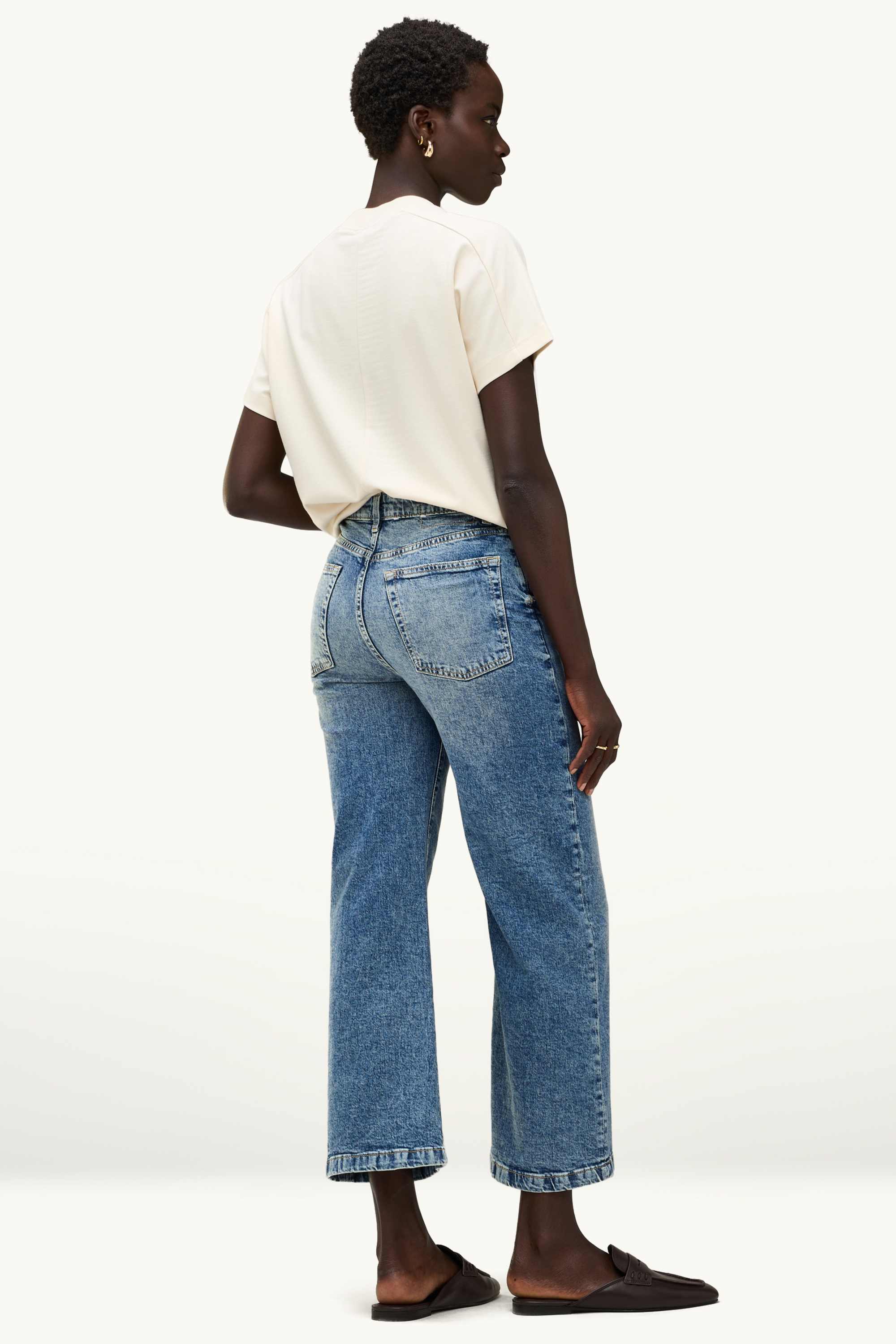 Cropped wide leg jeans - high waist blue denim (1)