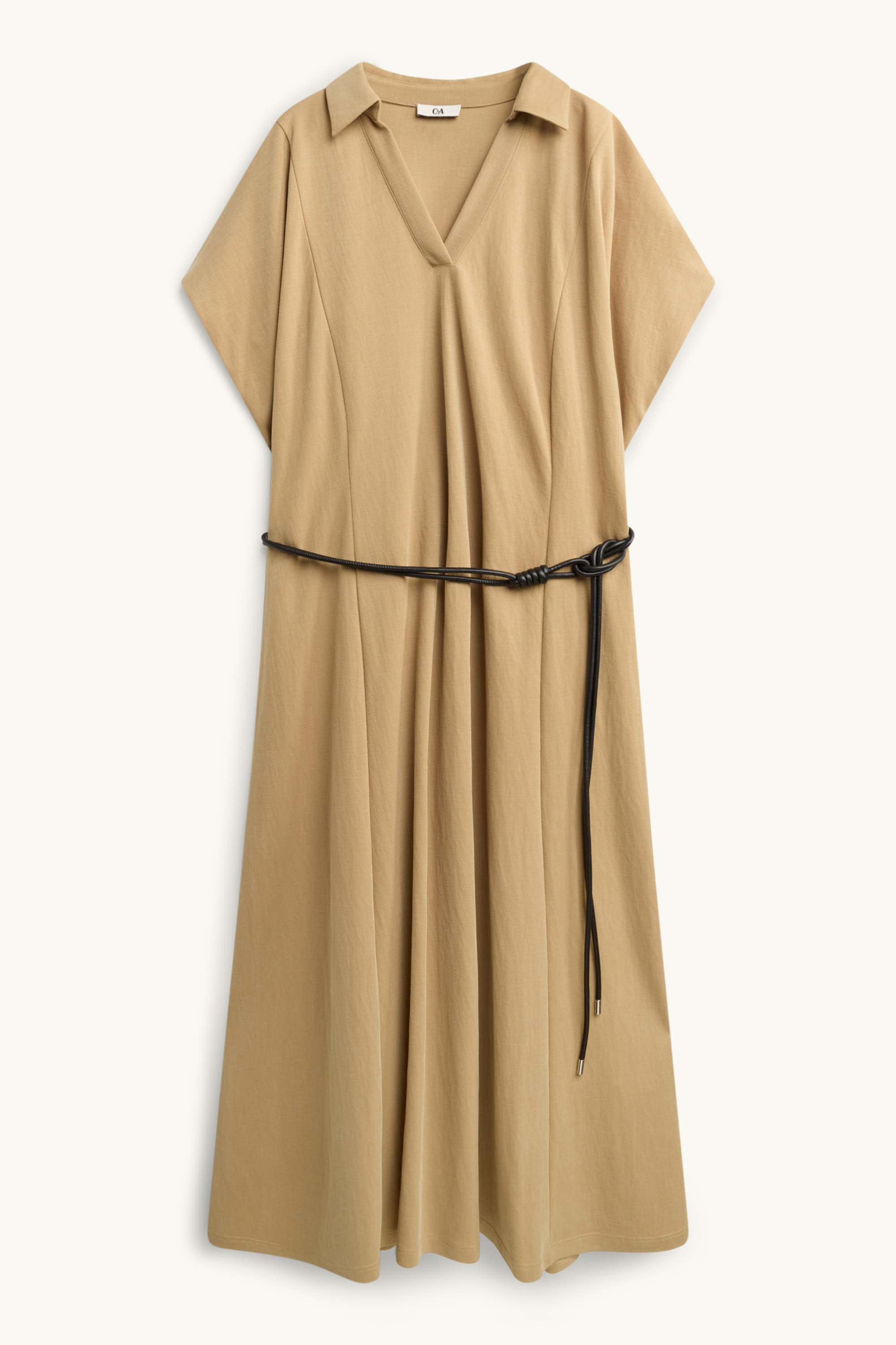 Fit & flare dress with belt and V-neck beige