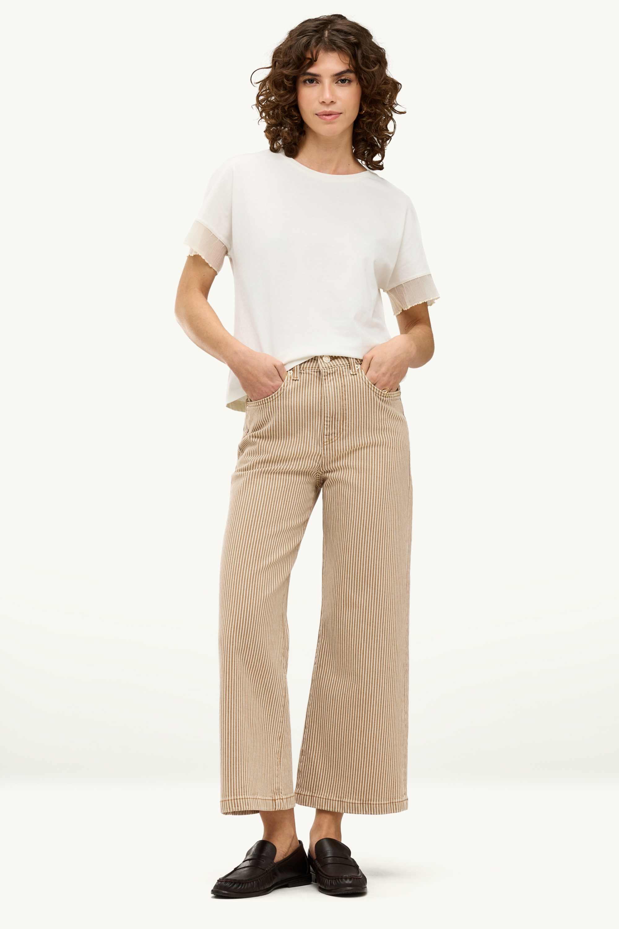 Cropped wide leg jeans - high waist - striped light brown