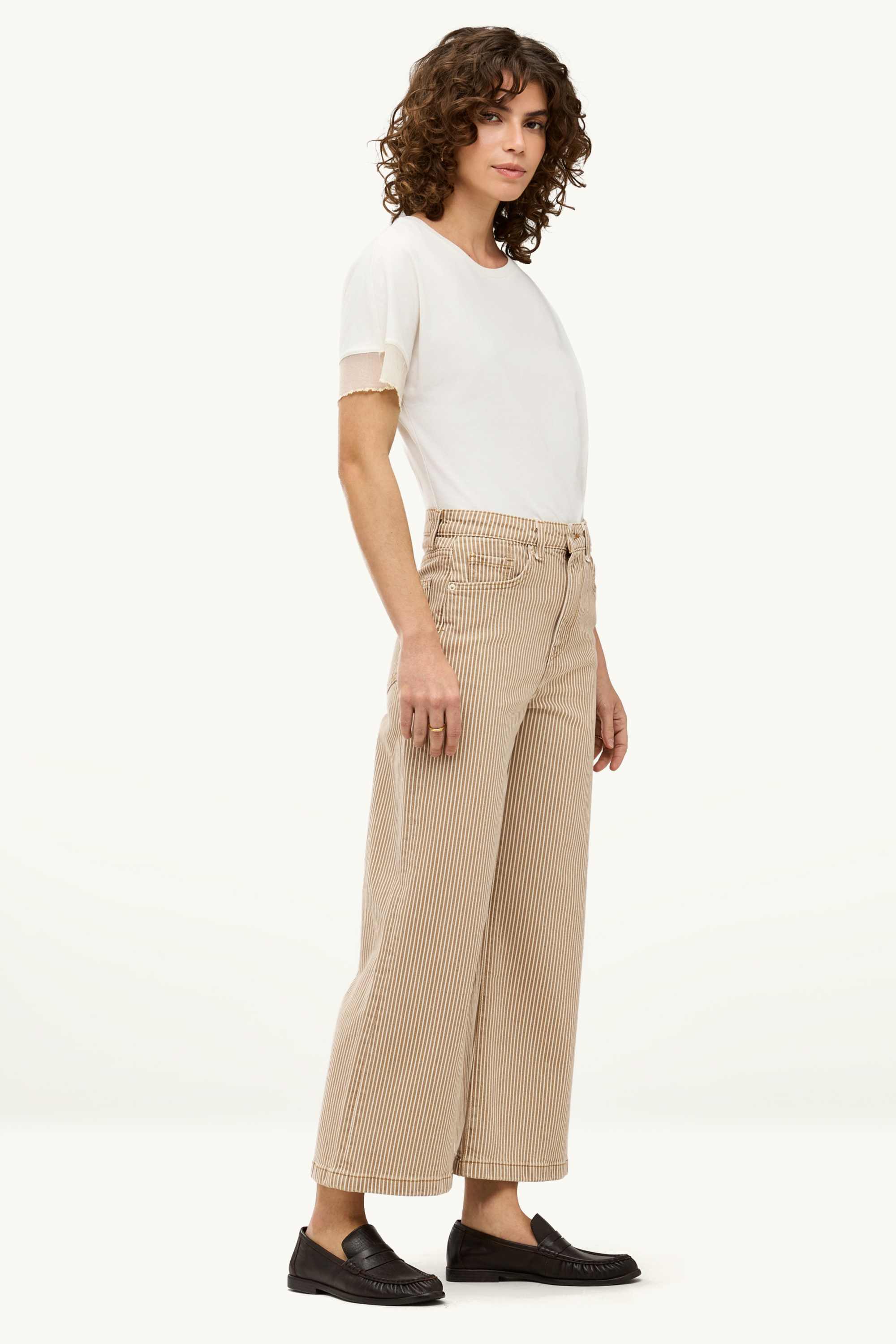 Cropped wide leg jeans - high waist - striped light brown