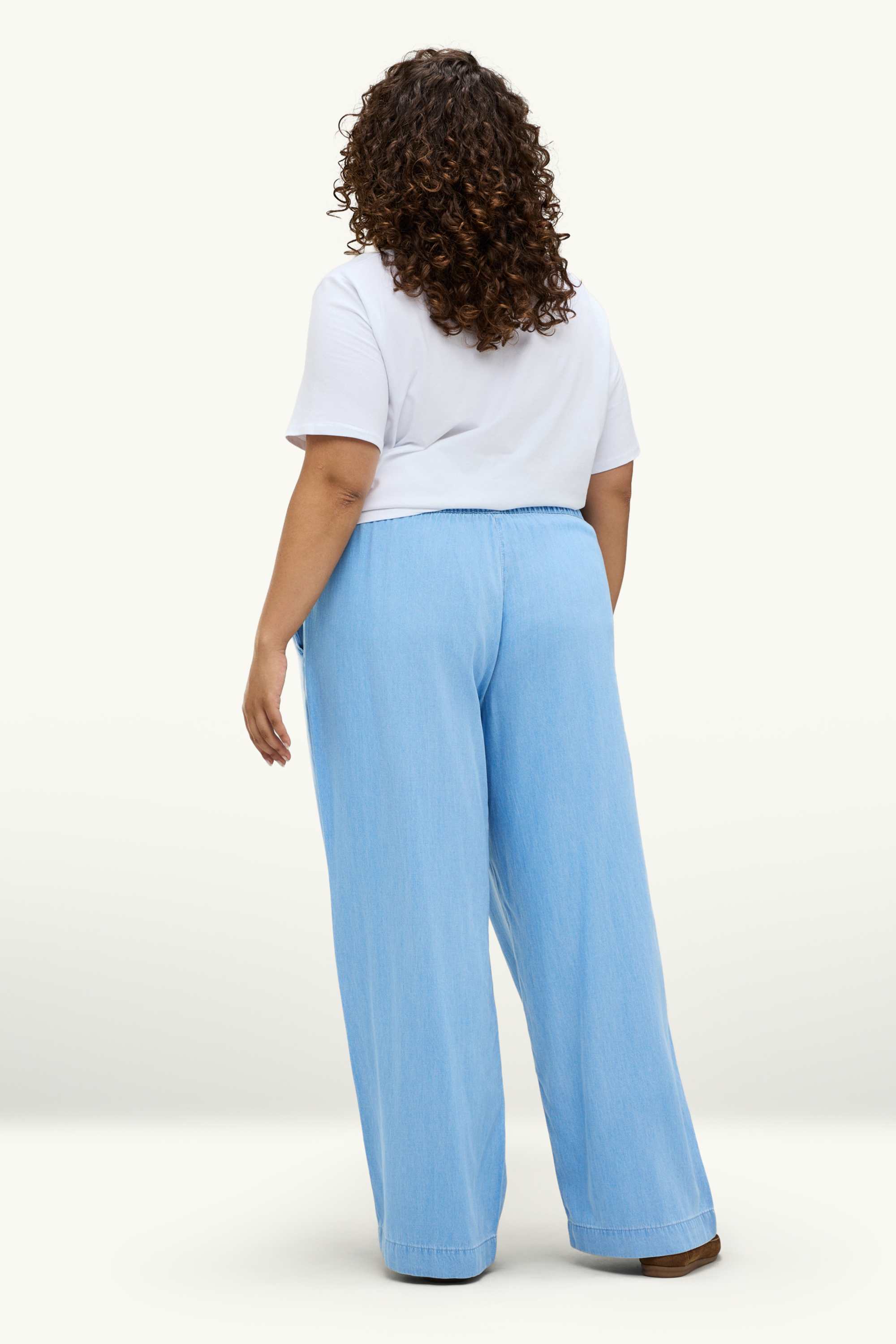 Cloth trousers - high waist - wide leg - denim look light blue
