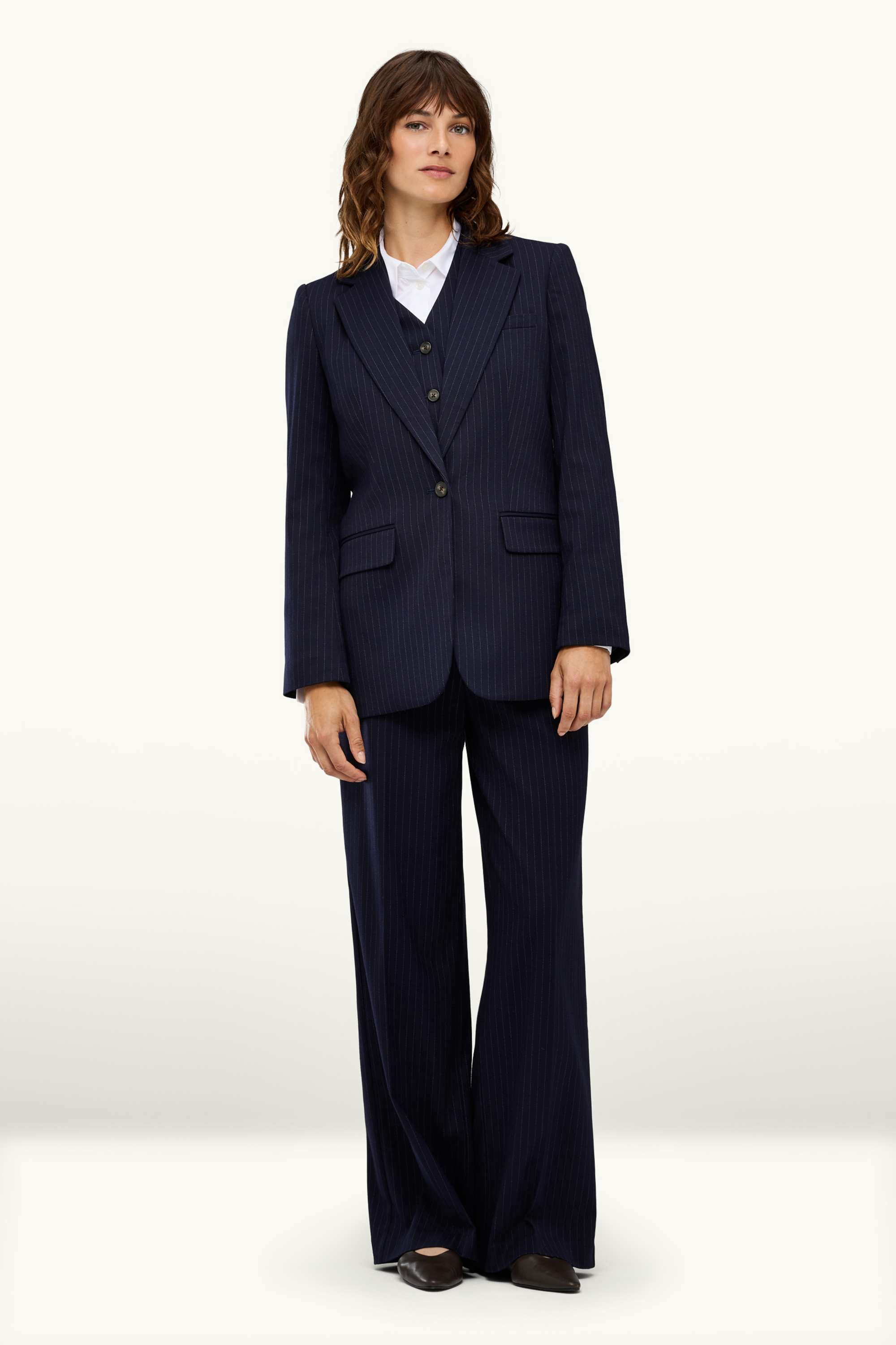 Business trousers - high waist - wide leg - striped dark blue