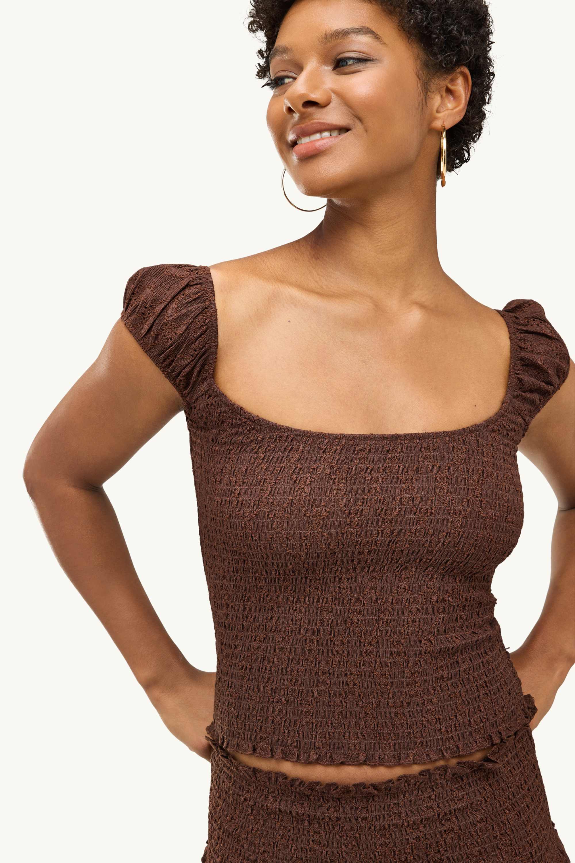Blouse top - smocked dark brown