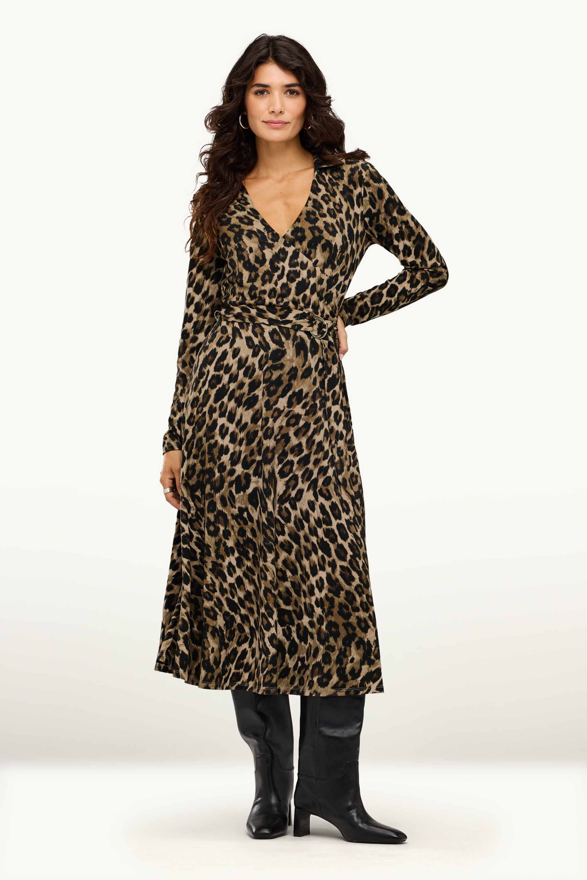 Fit & flare dress with belt - leopard print brown