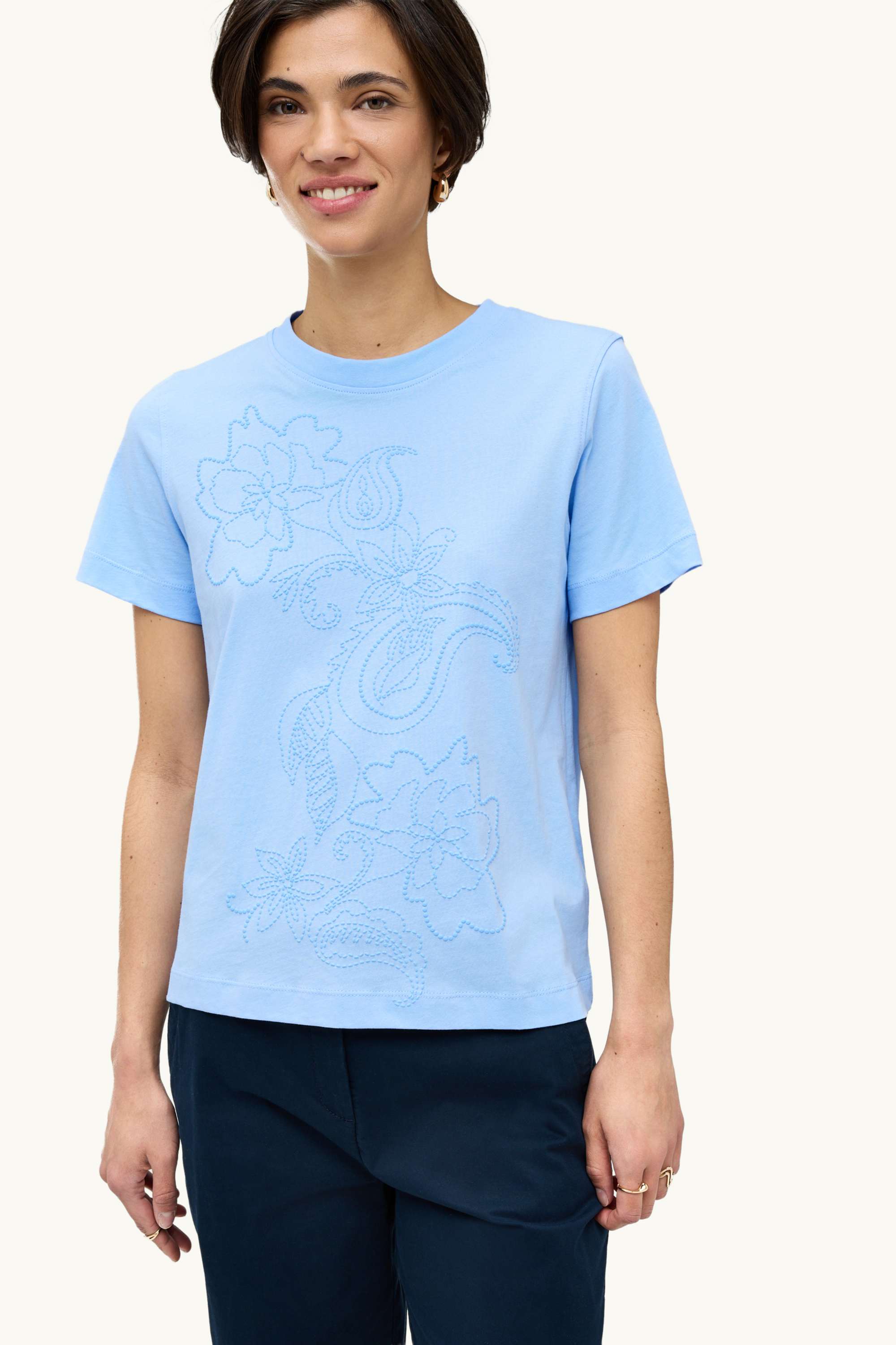 T-shirt - regular fit - embroidered - floral light blue