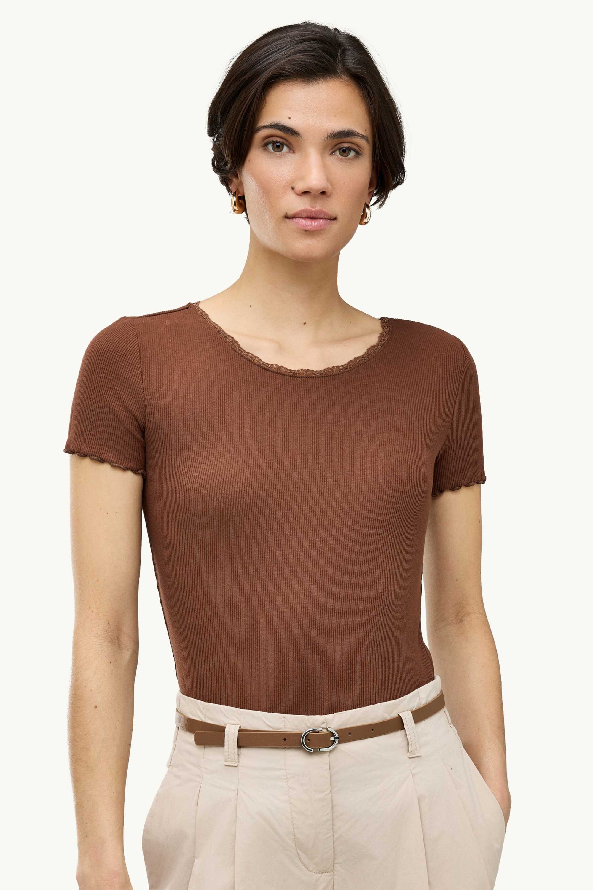 T-shirt - relaxed fit - ribbed brown