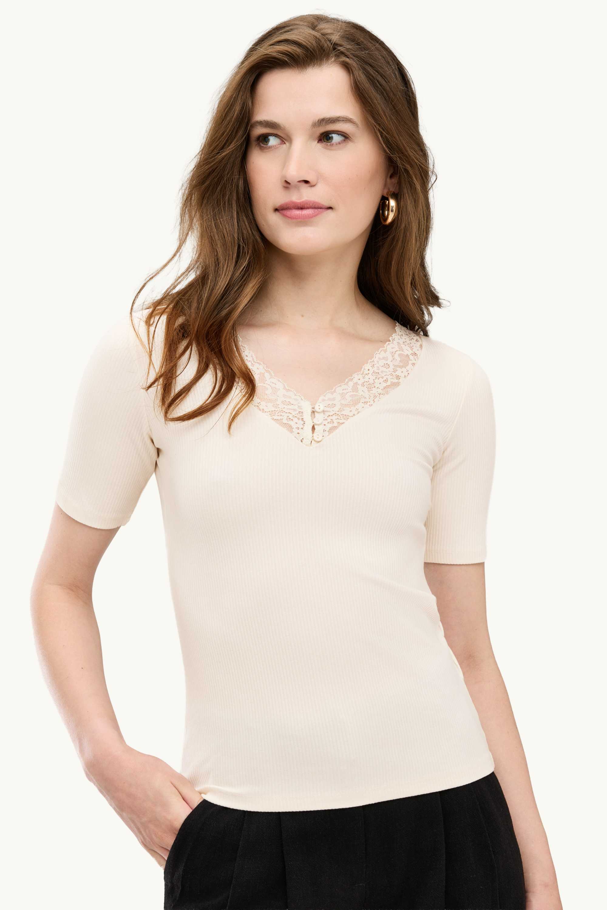 V-neck T-shirt - regular fit - ribbed cremewhite