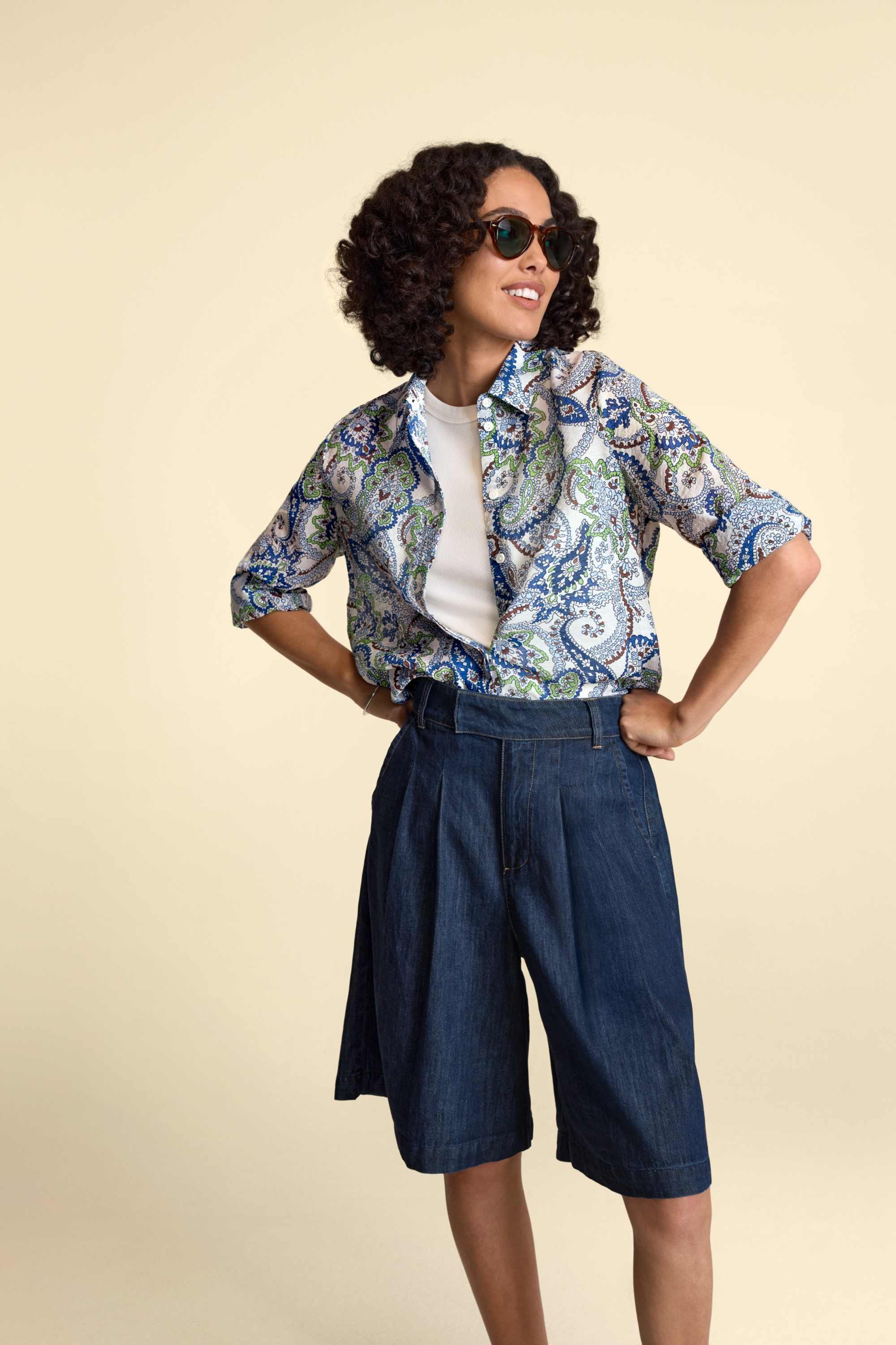 Jorts - mid-rise waist denim-dark blue