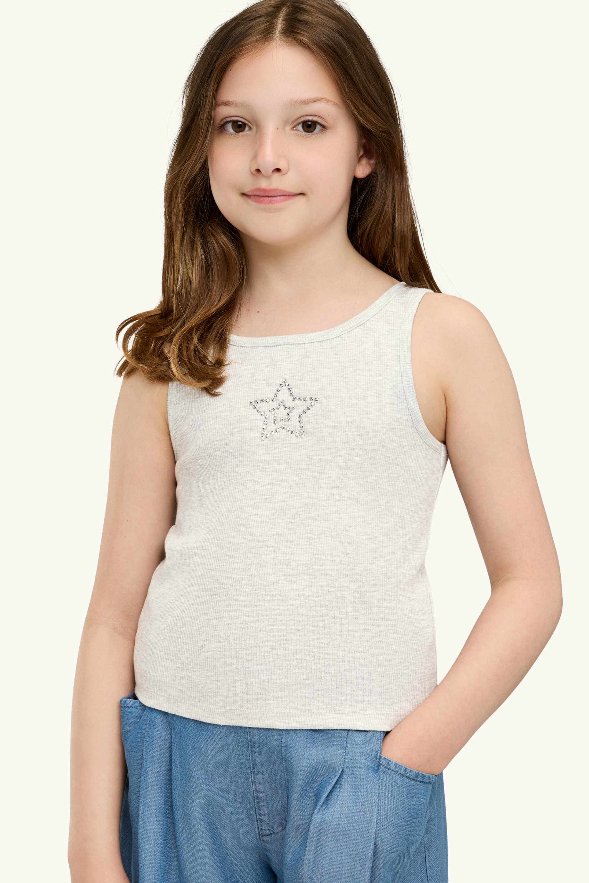Star - top with rhinestones - ribbed light gray