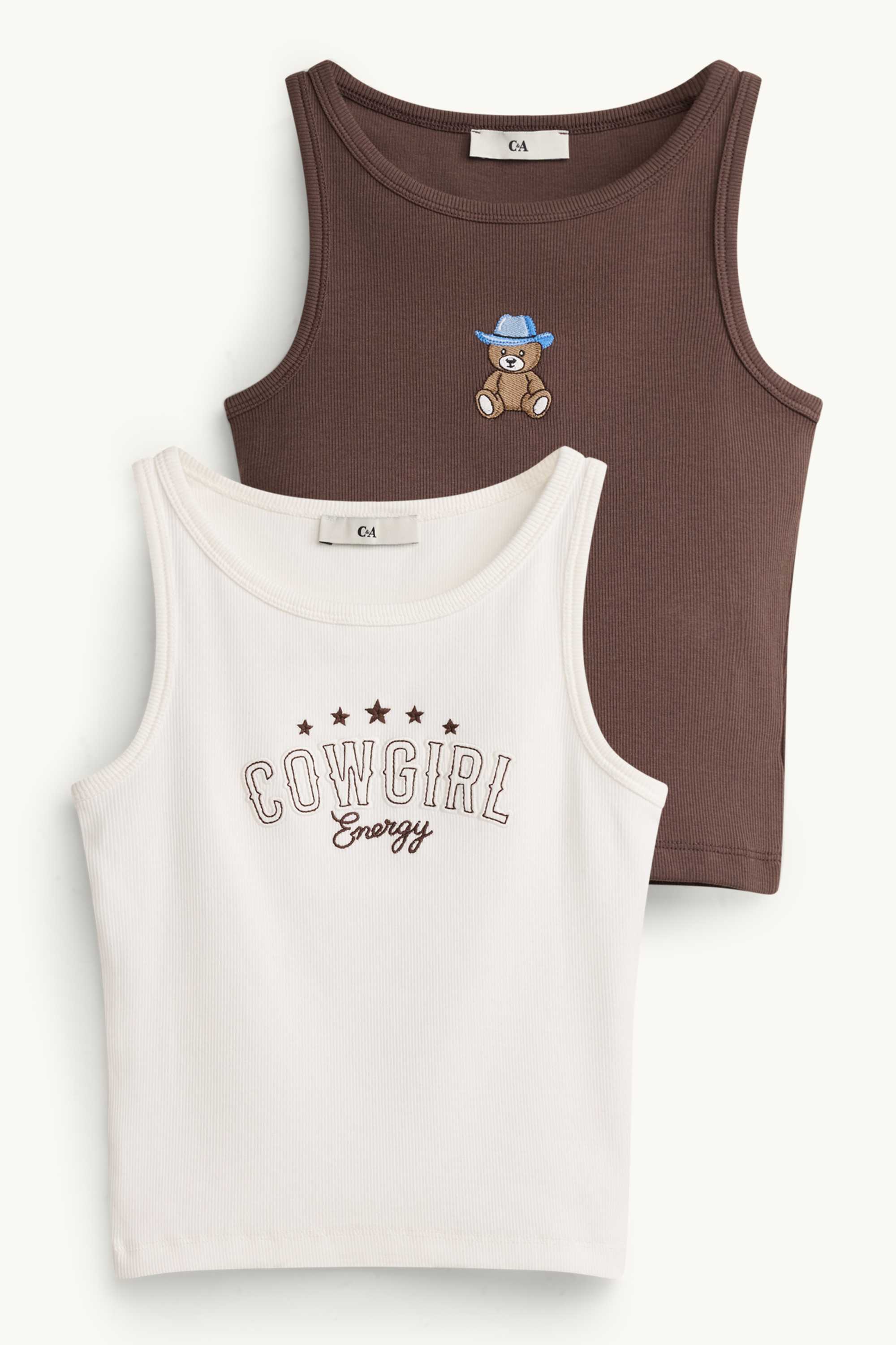 Multipack of 2 - teddy bear and star - top - ribbed brown / cremewhite