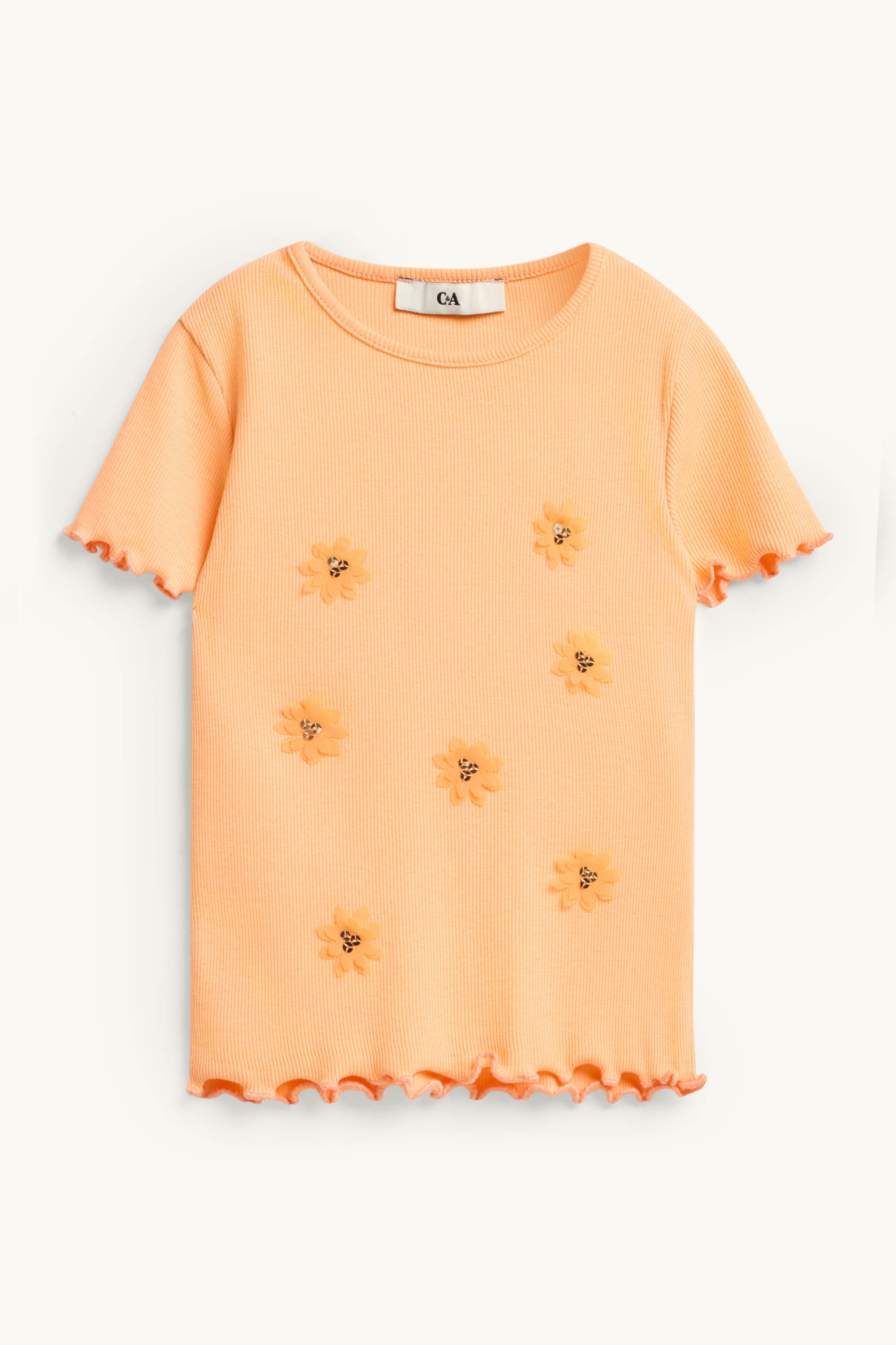 Floral - short sleeve T-shirt - ribbed - shiny orange