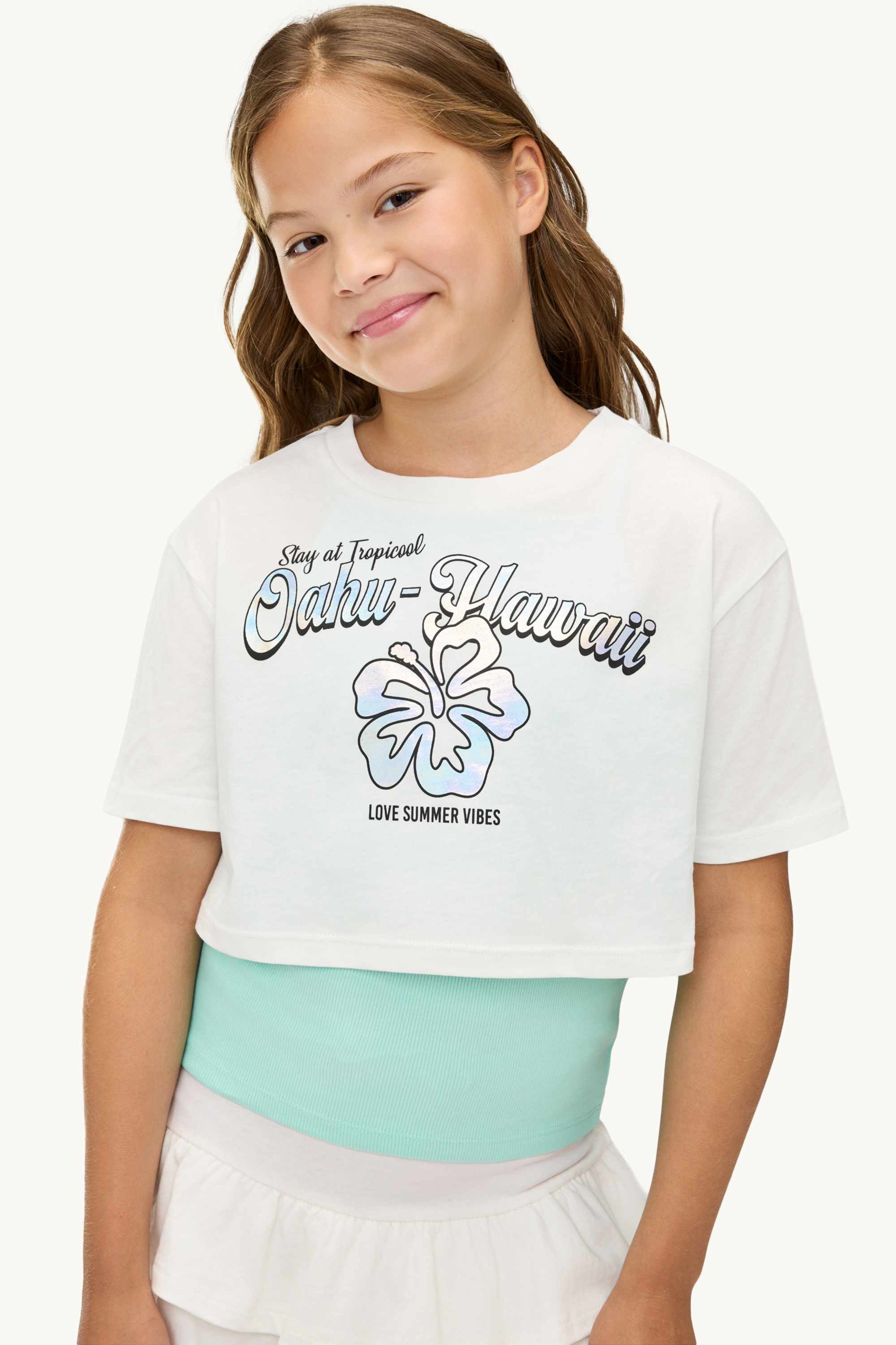 Hawaii - set - top and short sleeve T-shirt - 2 piece white / turquoise