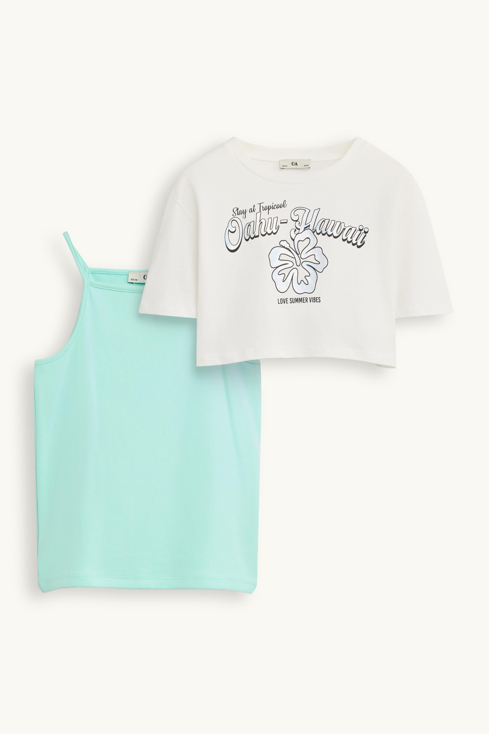 Hawaii - set - top and short sleeve T-shirt - 2 piece white / turquoise