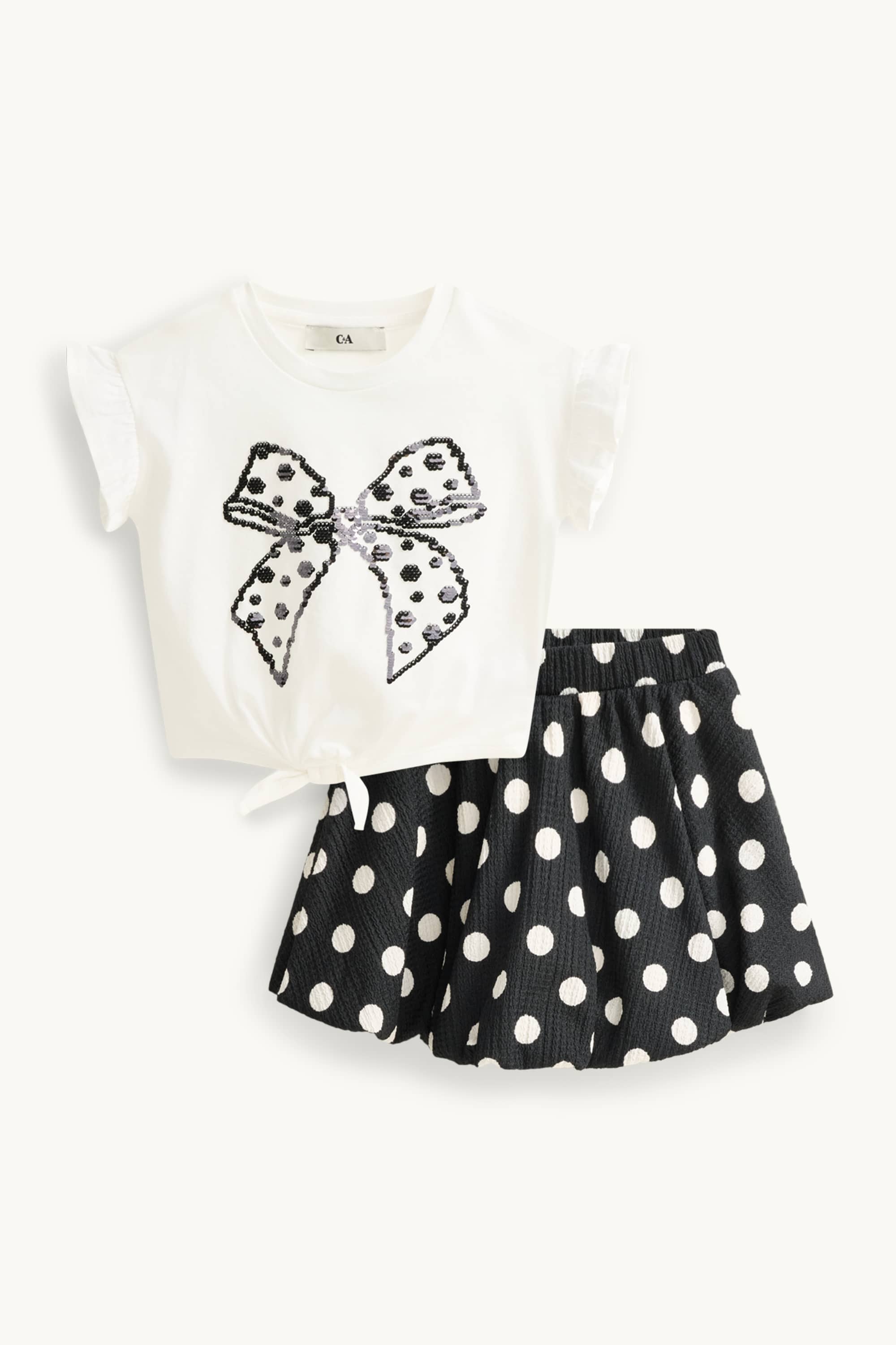 Bow - set - short sleeve T-shirt and skirt - 2 piece white / black