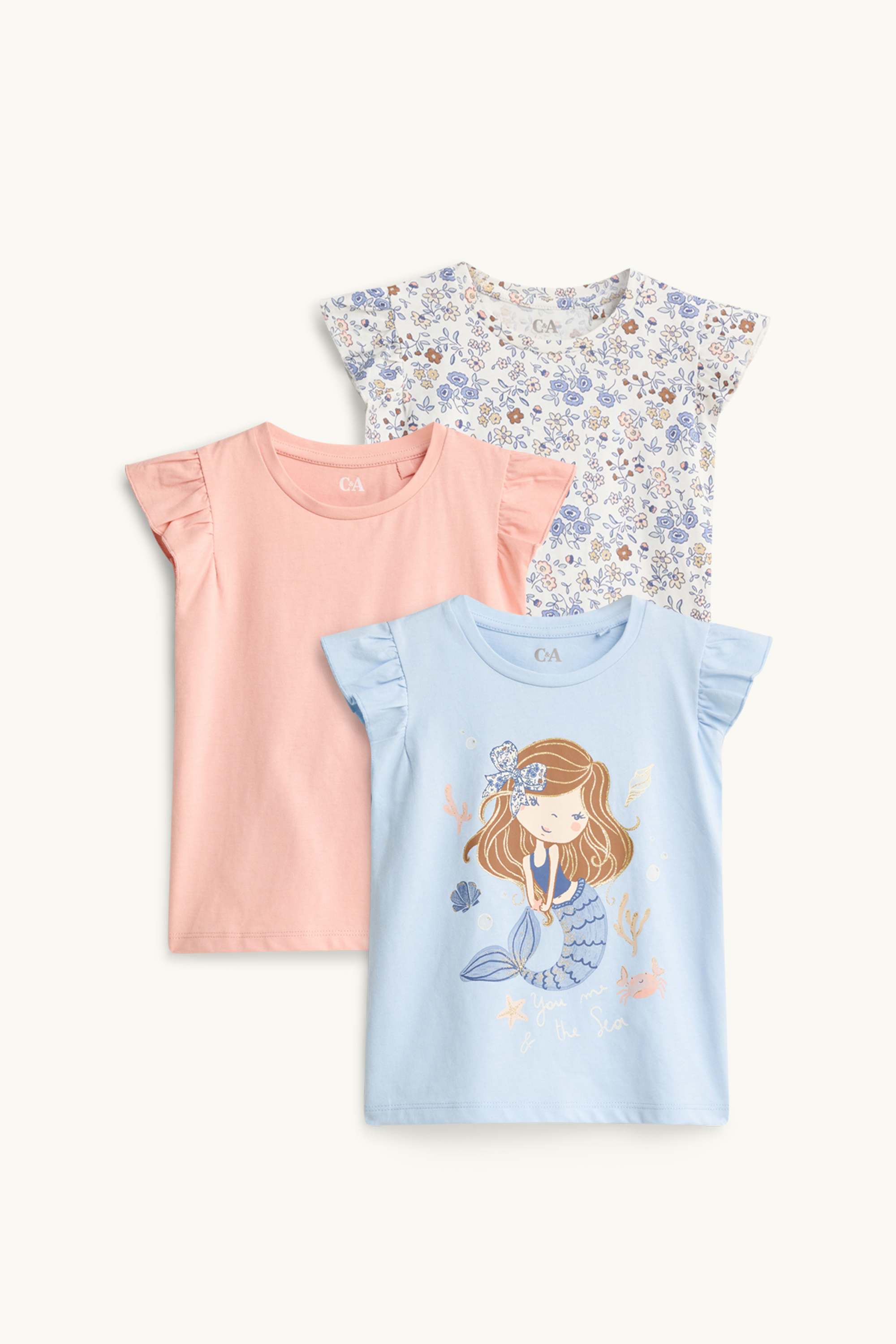 Multipack of 3 - flowers and mermaid - short sleeve T-shirt rose / light blue