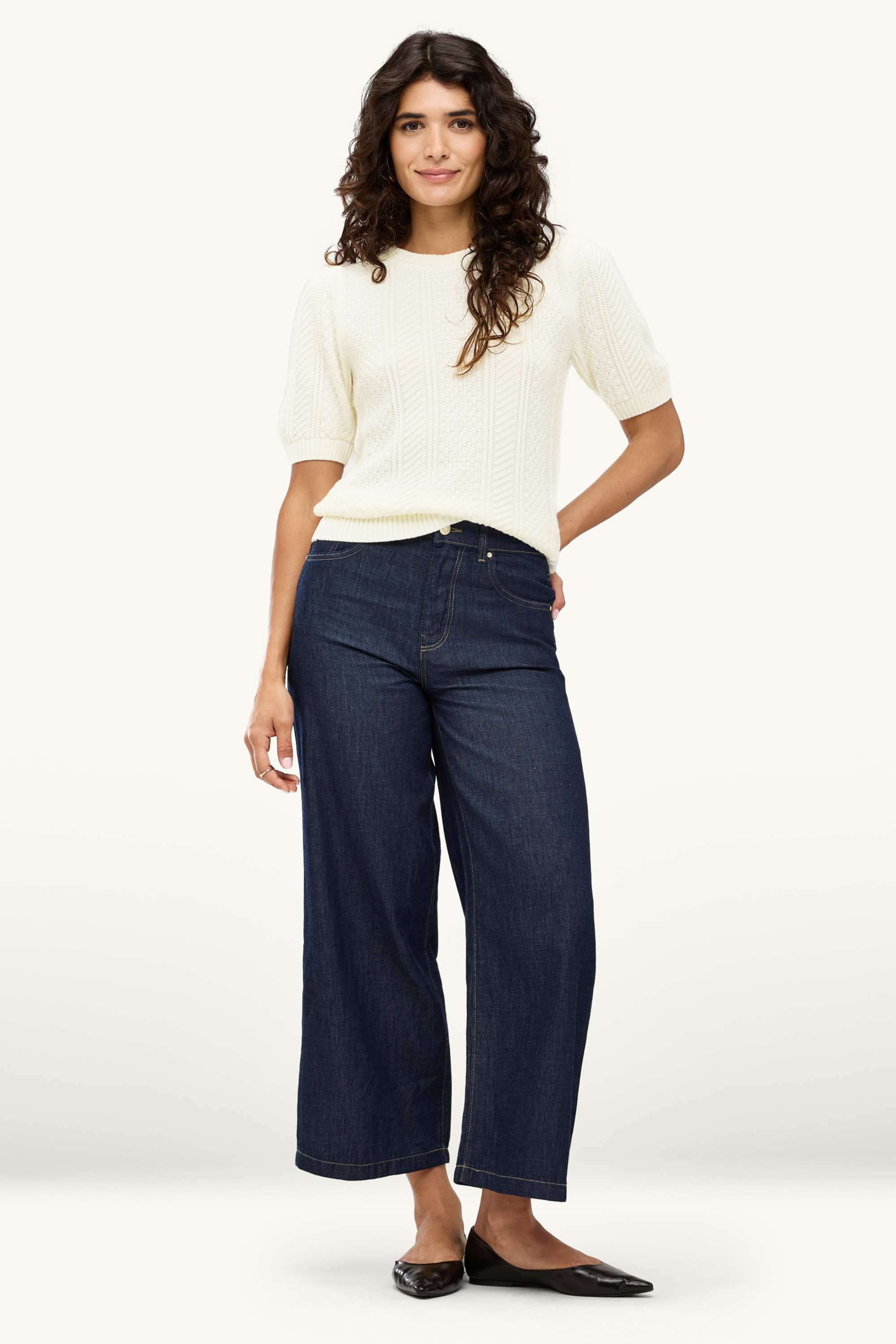 Knitted jumper - short sleeve - cable knit pattern cremewhite