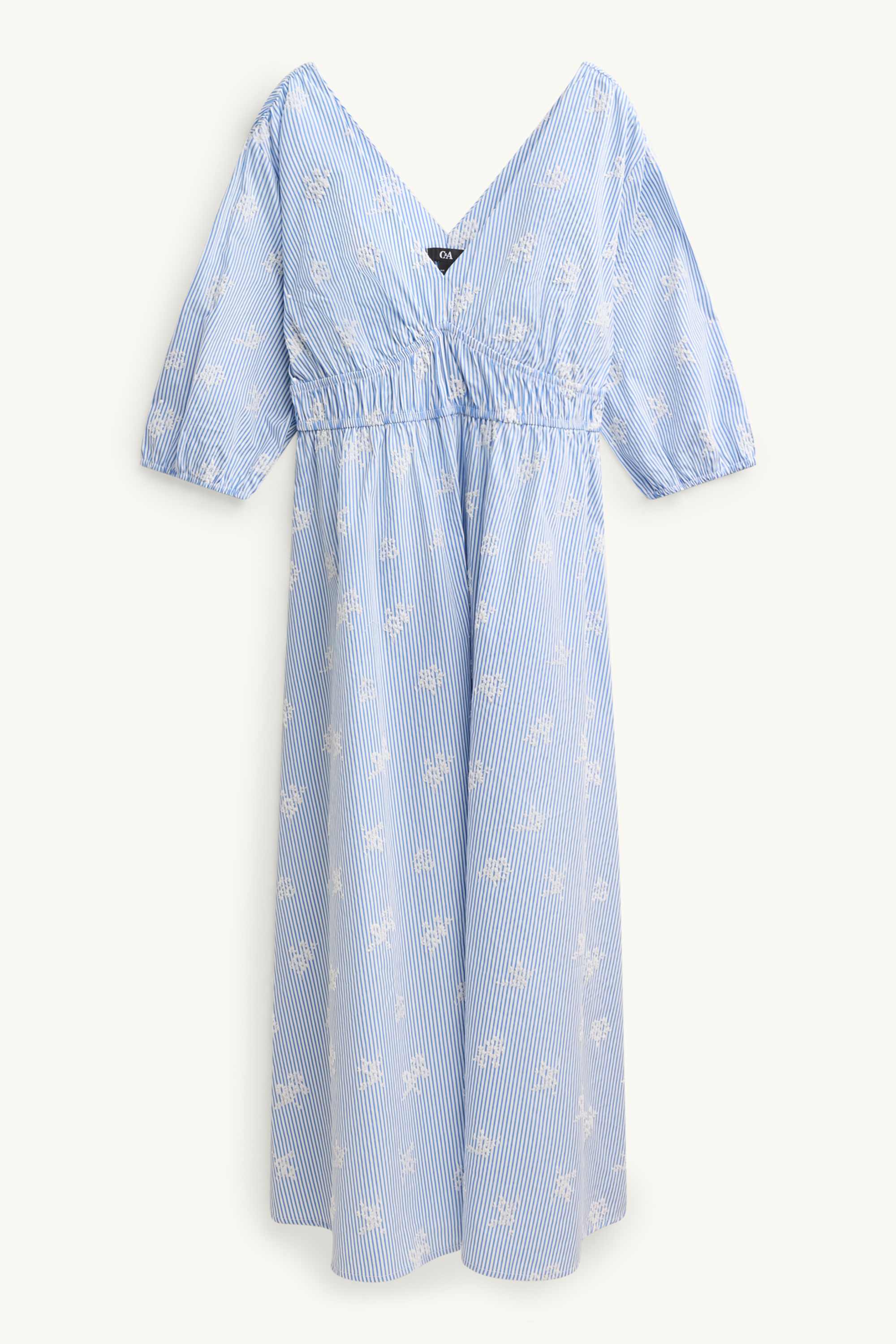 Empire dress with V-neck - embroidered - striped blue / white