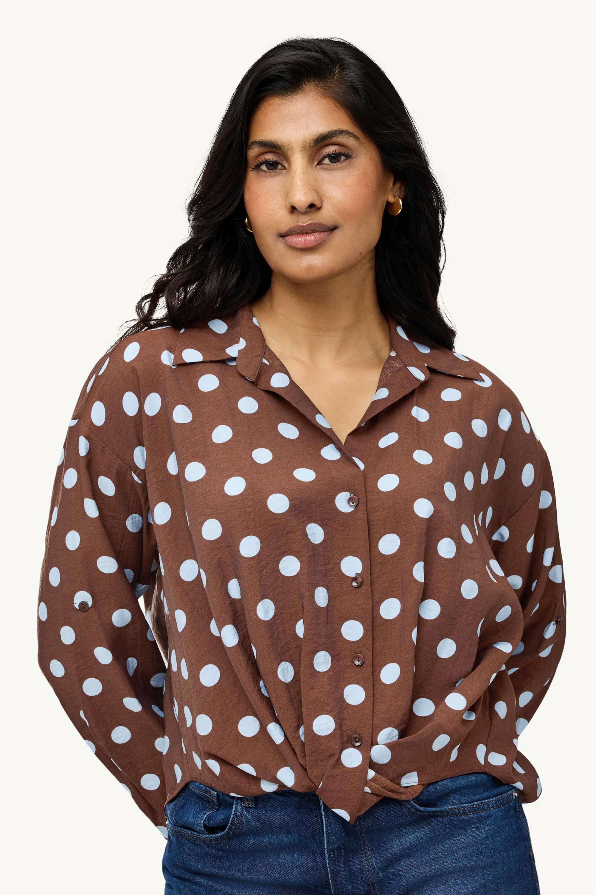 Shirt blouse with knot detail - polka dot brown / blue