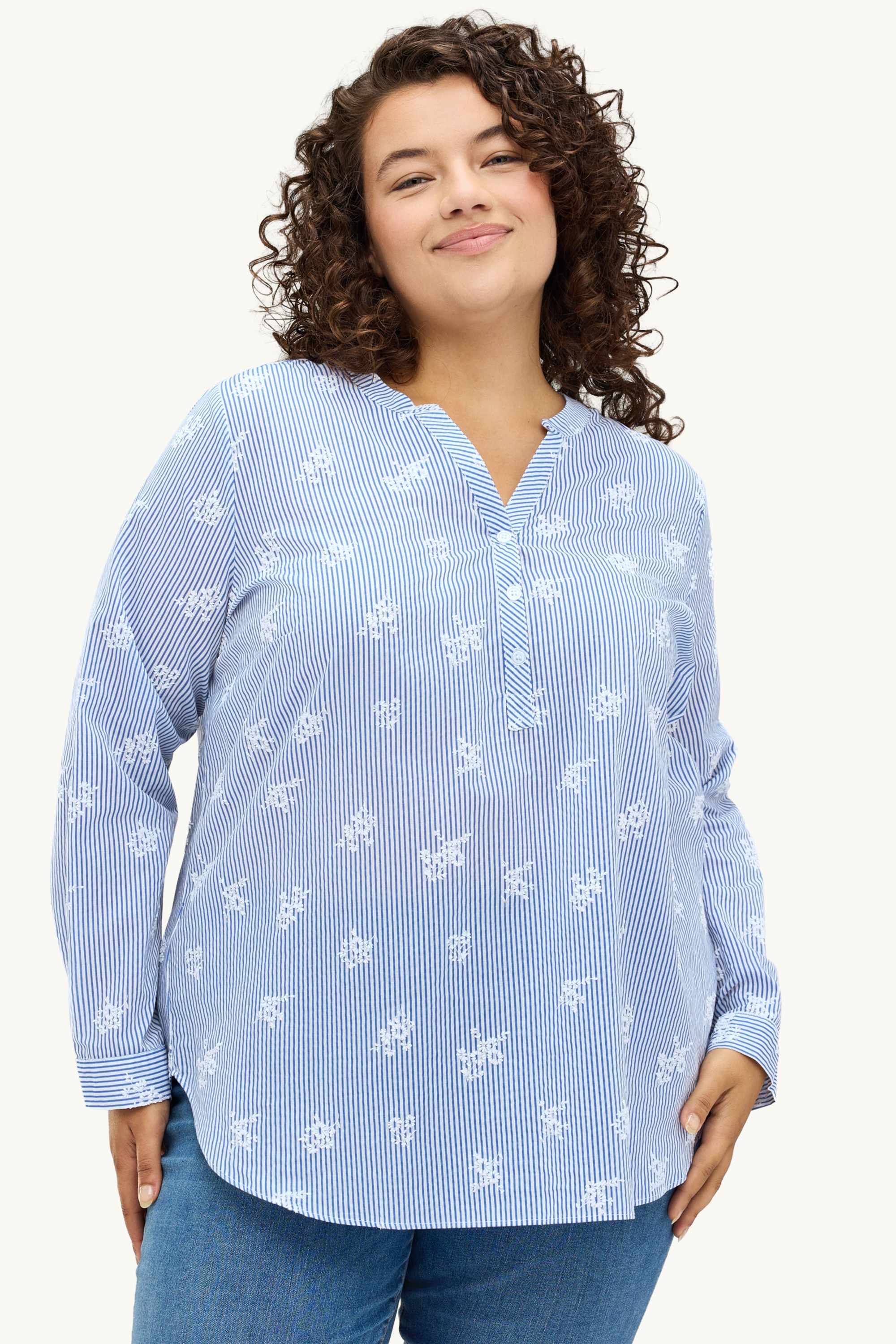 V-neck blouse - striped blue / white